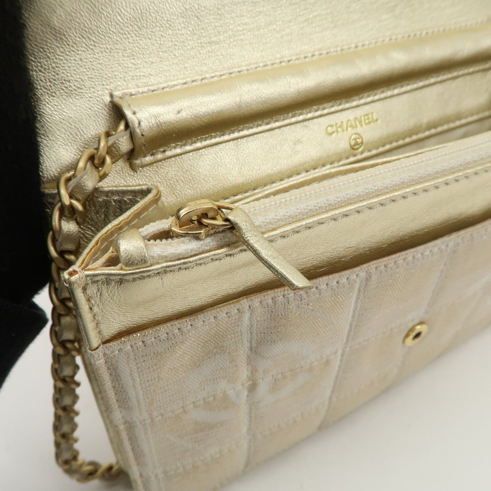 Chanel New Travel Line Nylon Jacquard Leather Chain Wallet Gold A15772 Used
