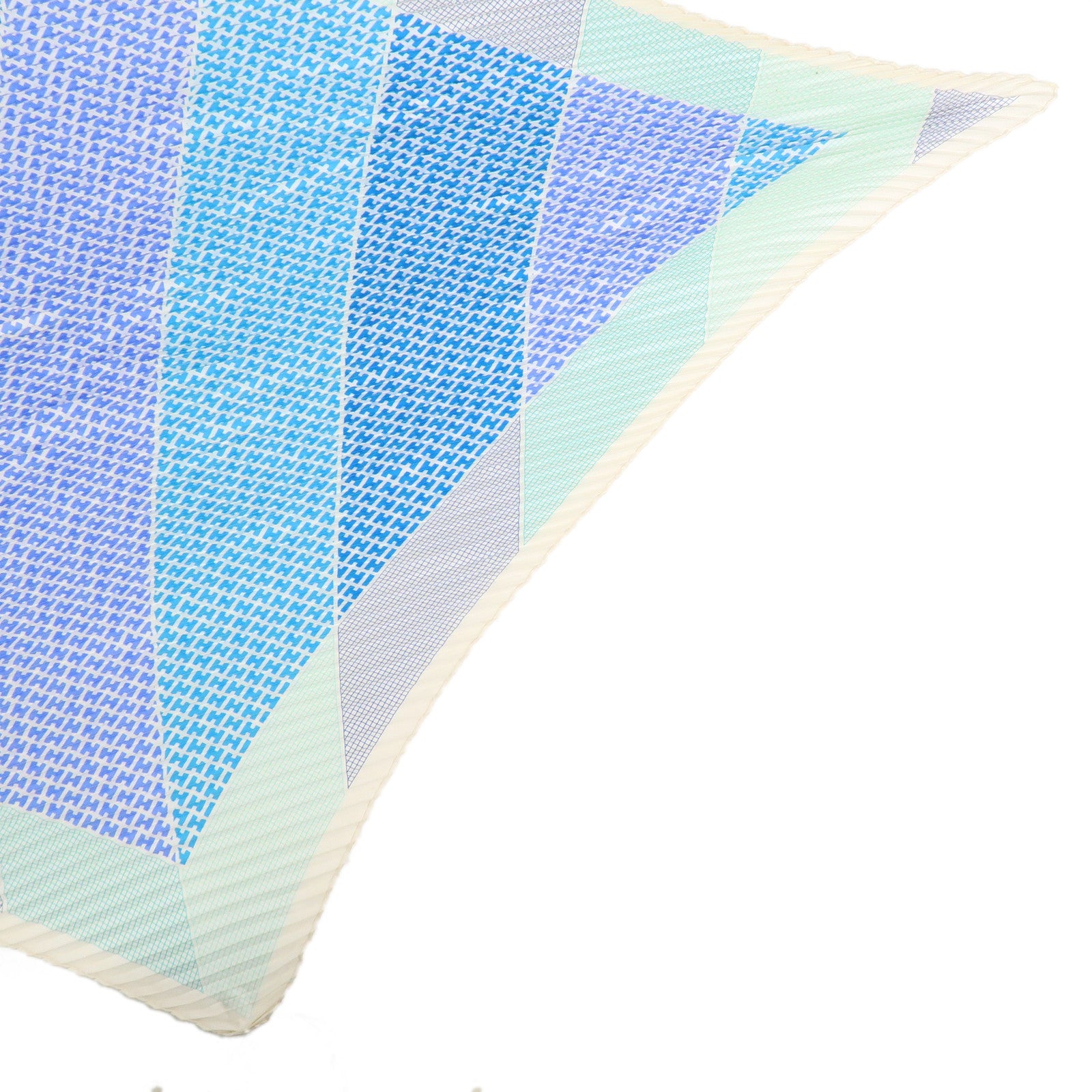 HERMES Pleated Carré Scarf Silk 100% H Logo Blue