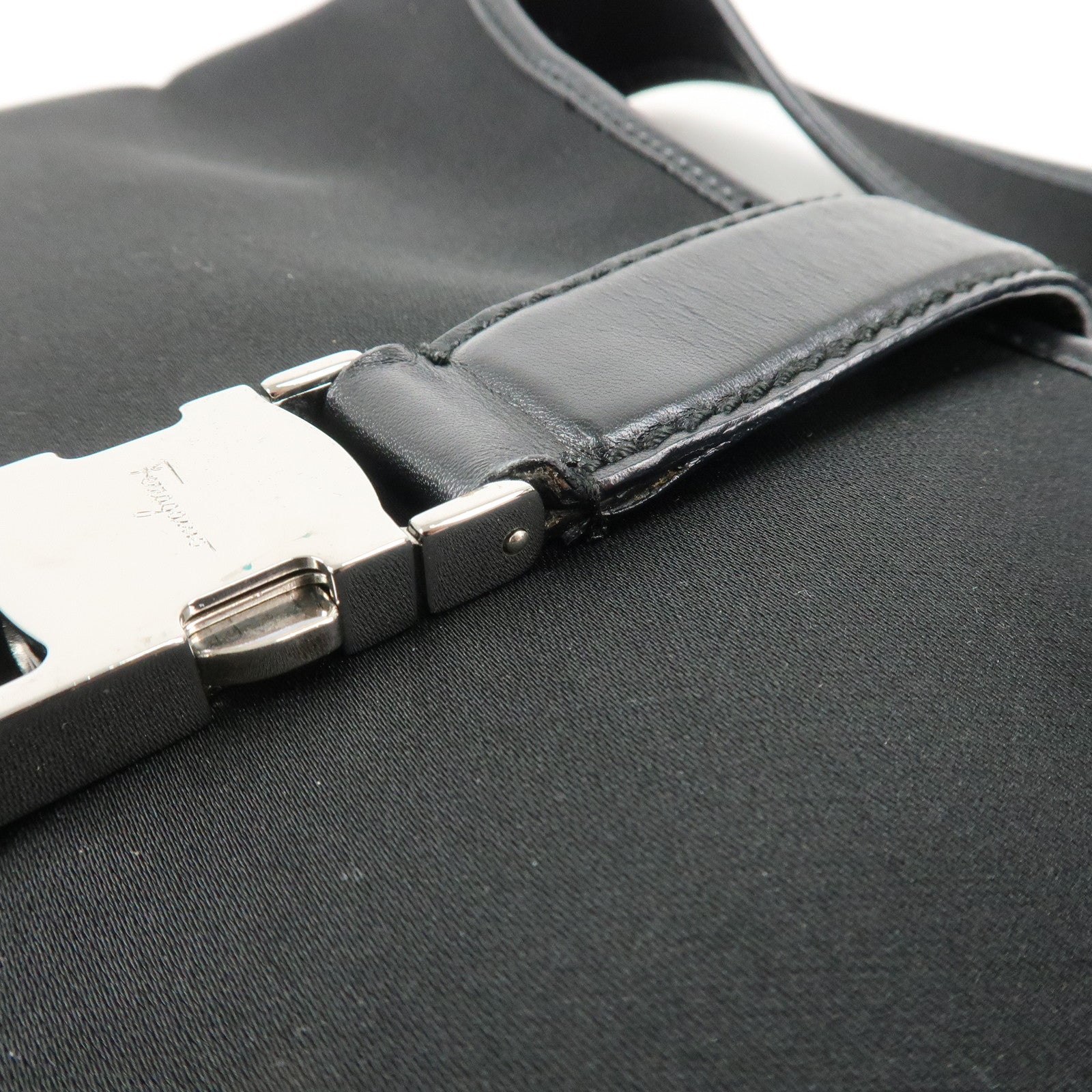 Ferragamo Nylon Canvas One Shoulder Bag Black Silver Hardware Used