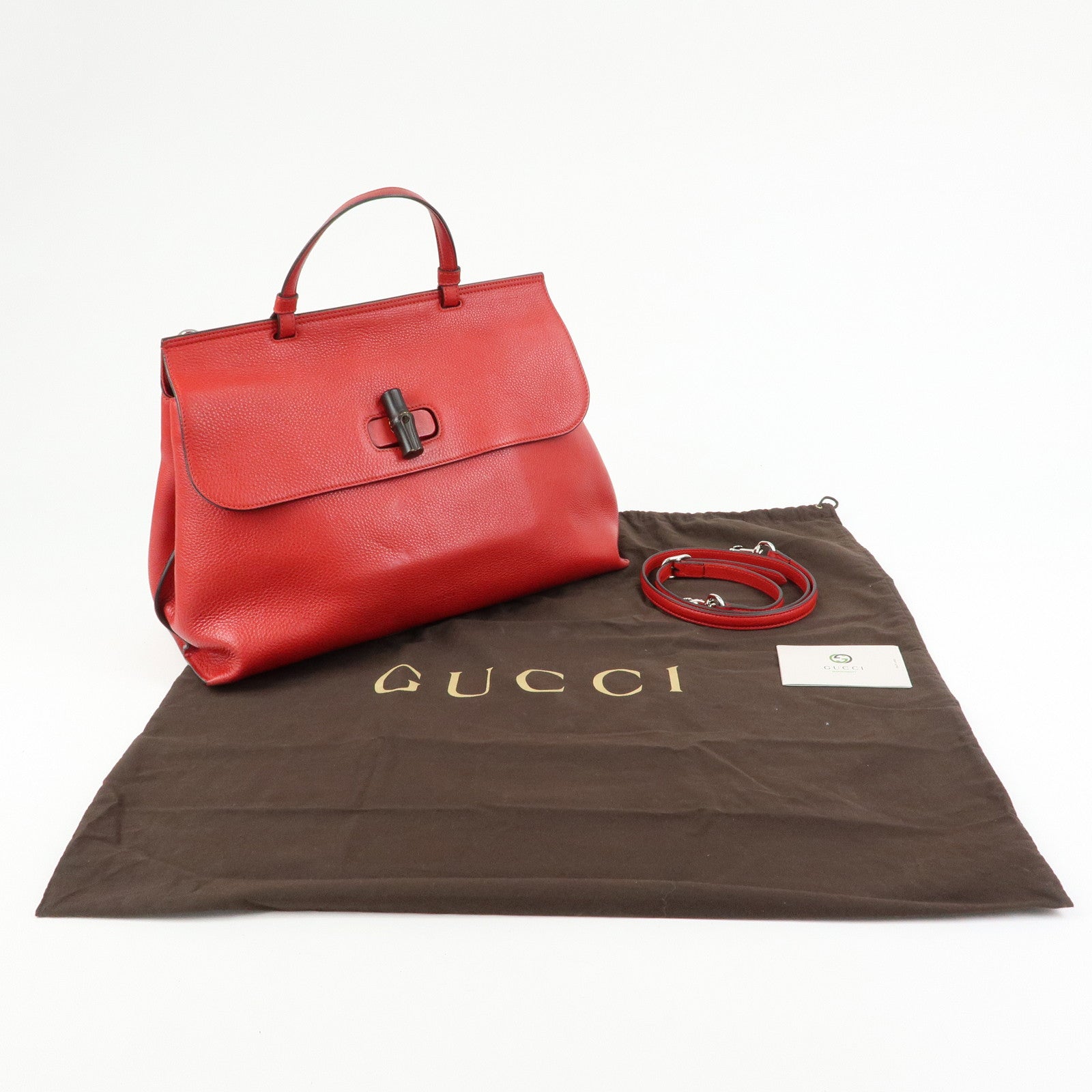 GUCCI Bamboo Leather 2Way Bag Hand Bag Shoulder Bag Red 370830