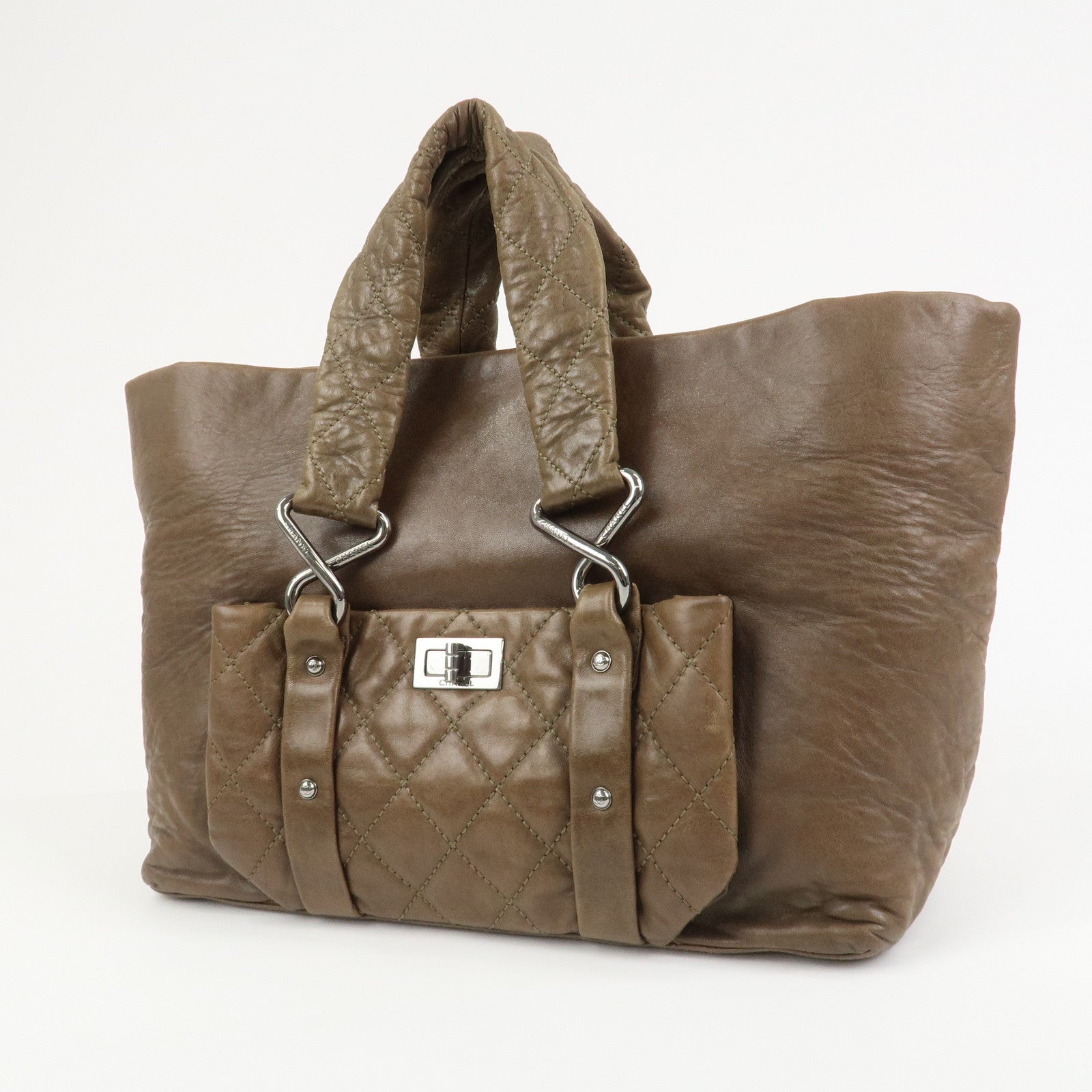 CHANEL Matelasse Lamb Skin Tote Bag Hand Bag Khaki