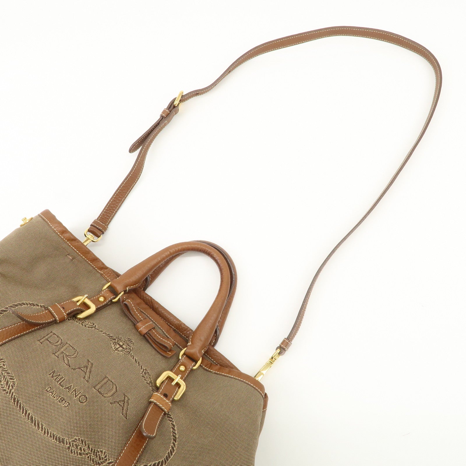 PRADA Leather Logo Jacquard Tote Bag Ribbon Beige Brown BN1841 Used