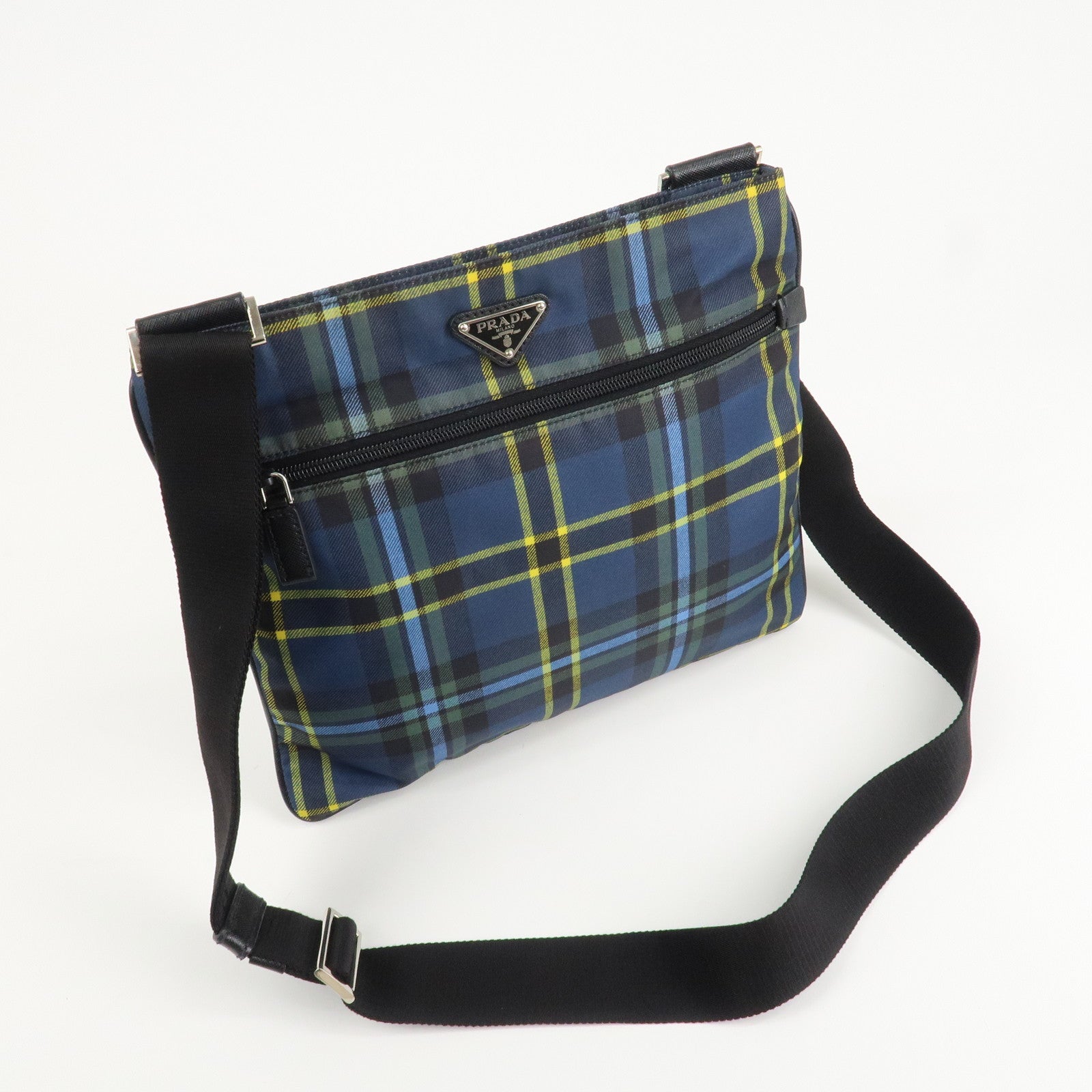 PRADA Triangle Logo Nylon Plaid Shoulder Bag Navy Multicolor VA053M Used