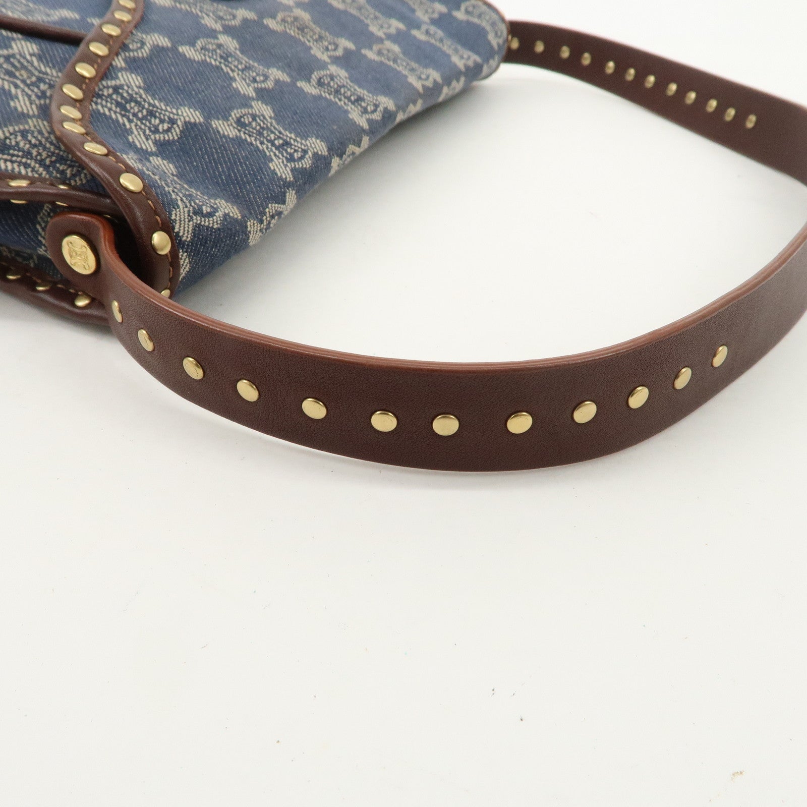 CELINE Macadam Studs Denim Leather Shoulder Bag Dark Brown Navy Used