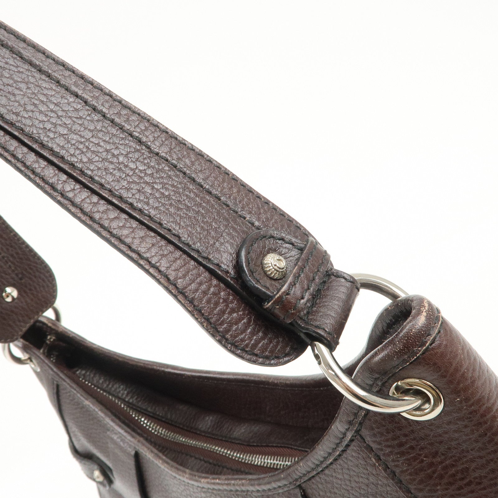 Ferragamo Gancini Leather Shoulder Bag Dark Brown Silver
