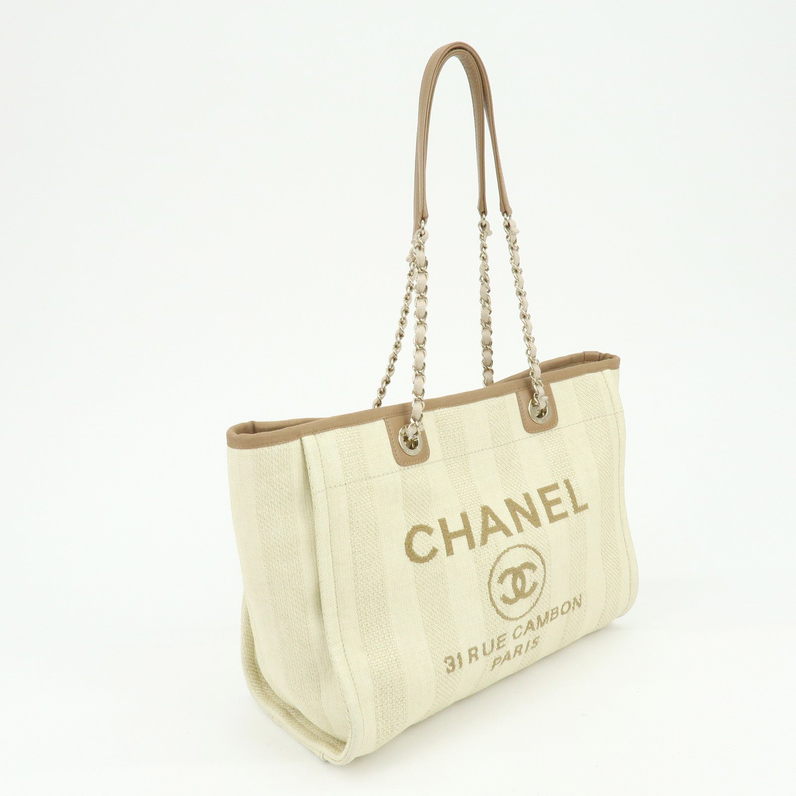 CHANEL Deauville MM Straw Leather Tote Shoulder Bag Beige A67001