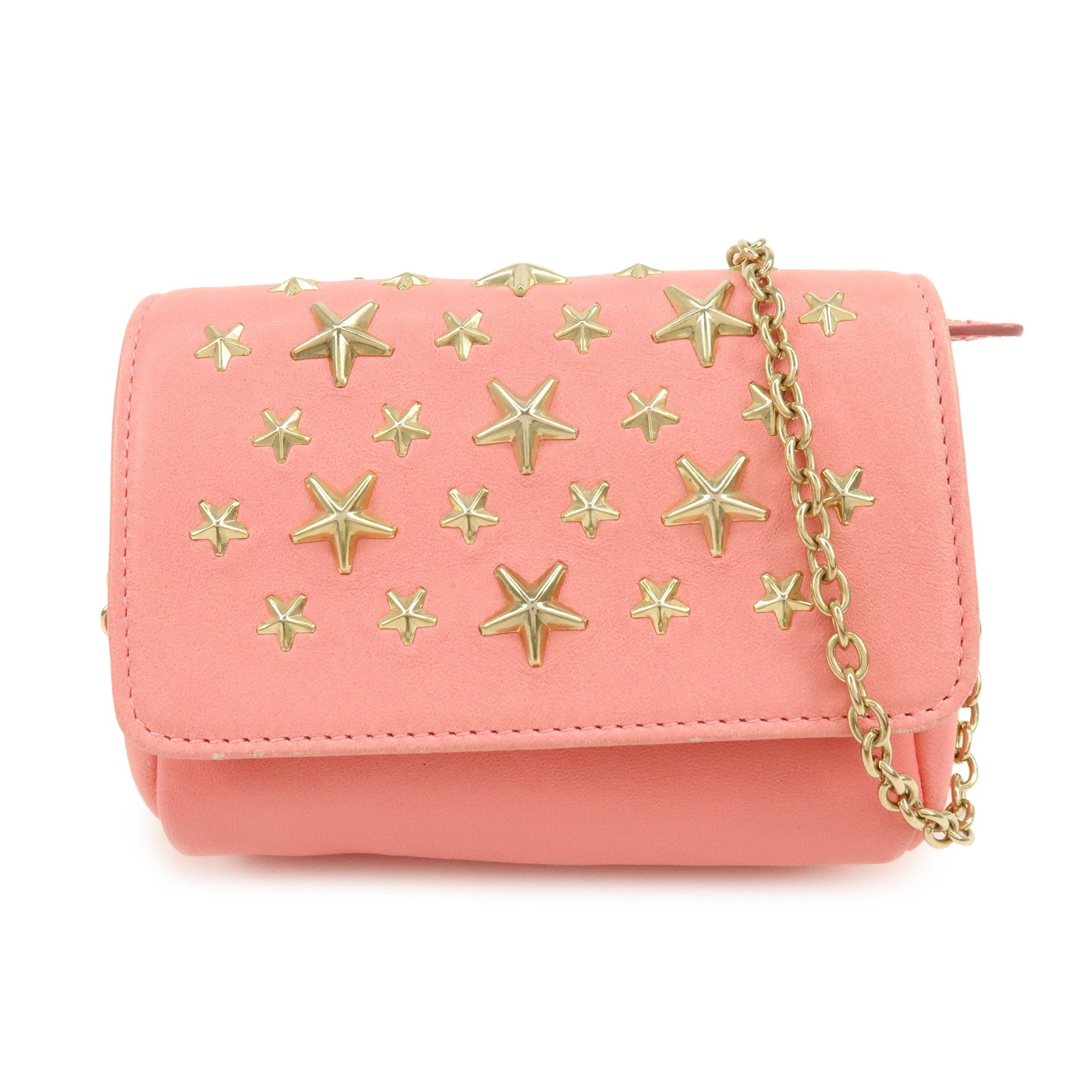 JIMMY CHOO Studs Leather Chain Shoulder Bag Crossbody Bag Pink