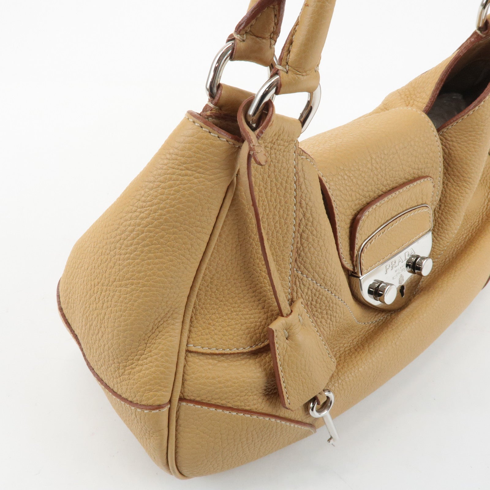 PRADA Leather Shoulder Bag Hand Bag Beige Silver HDW Used