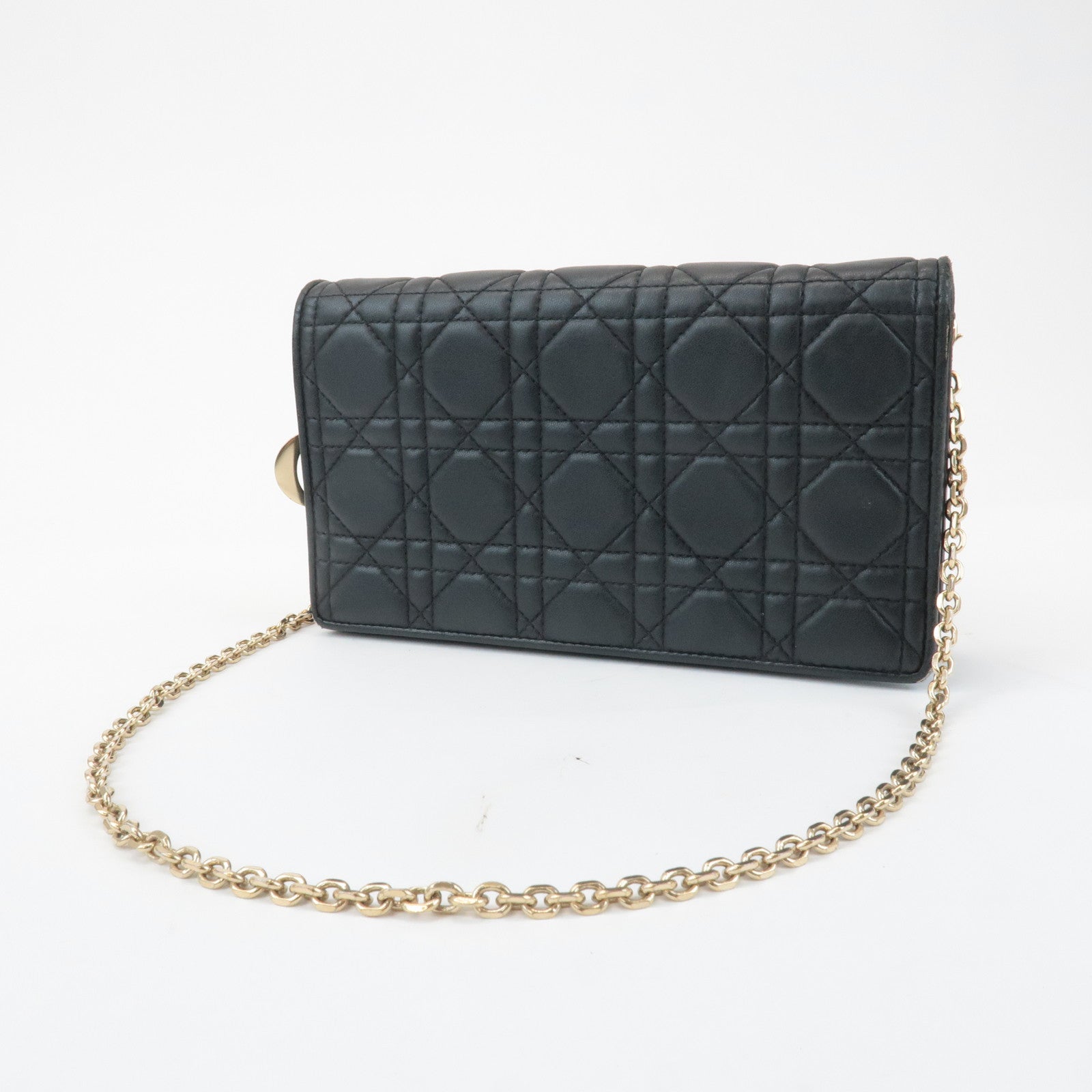 Christian Dior Cannage Leather Chain Shoulder Bag Black Gold Charm