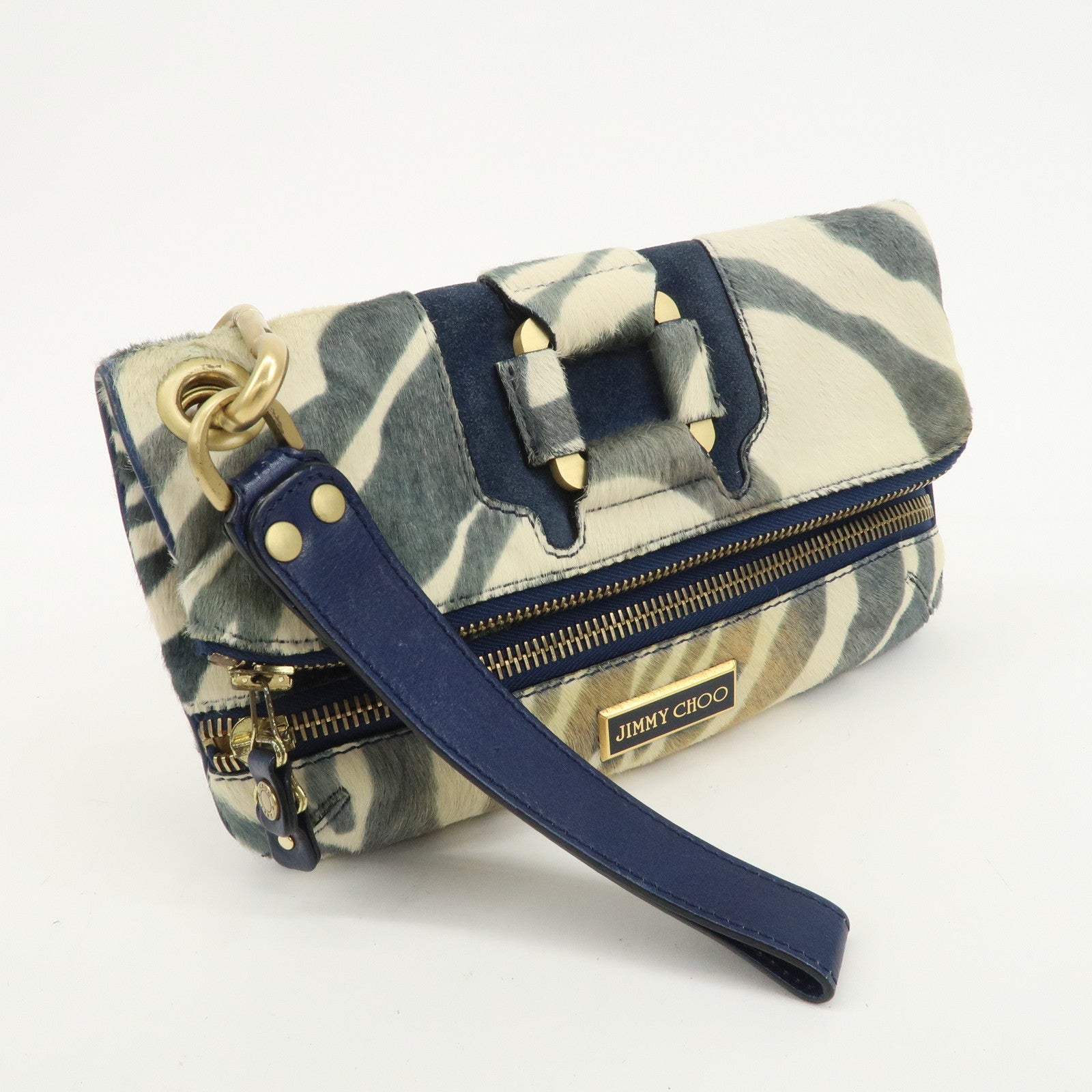 JIMMY CHOO Unborn Calf Clutch Bag Wristlet Pouch Zebra Navy