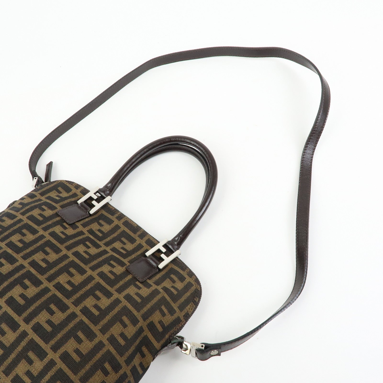 FENDI Zucca Jacquard Canvas Leather 2Way Bag Hand Bag Brown