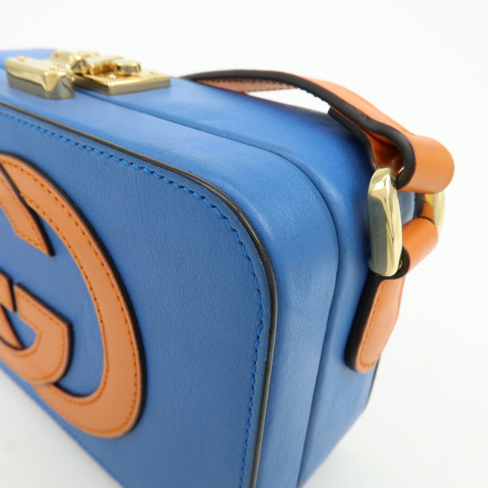 GUCCI Logo Interlocking G Leather Shoulder Bag Blue Orange 658230