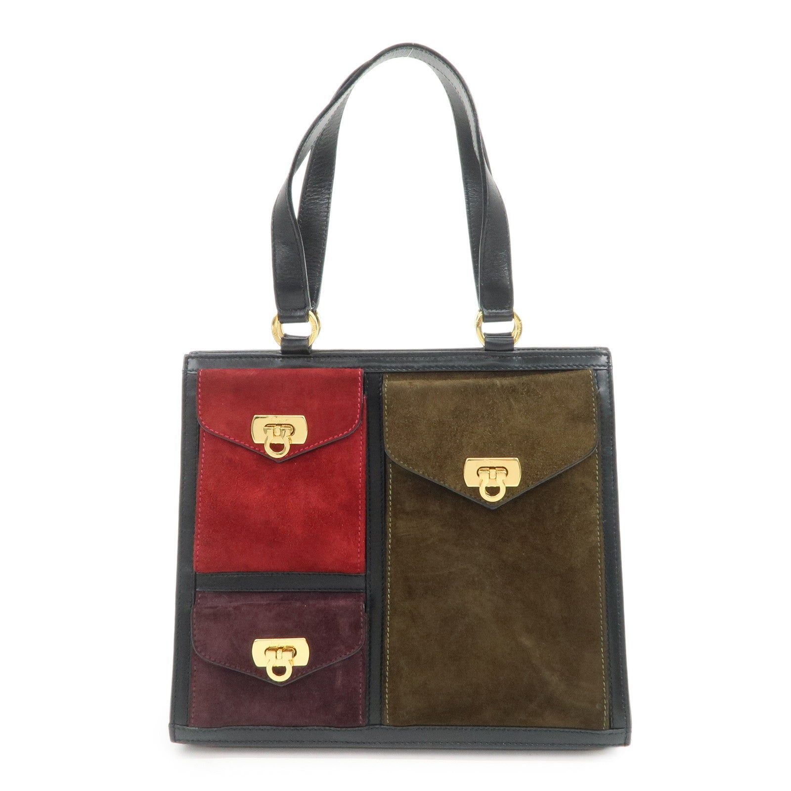 Ferragamo Gancini Suede Leather Hand Bag Tote Bag Black Khaki Red