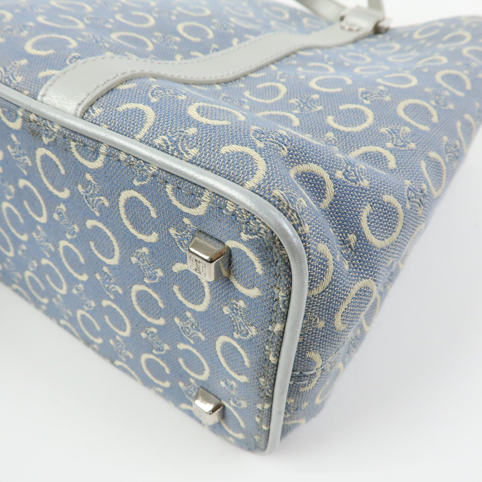 CELINE C Macadam Canvas Leather Tote Bag Hand Bag Light Blue Silver