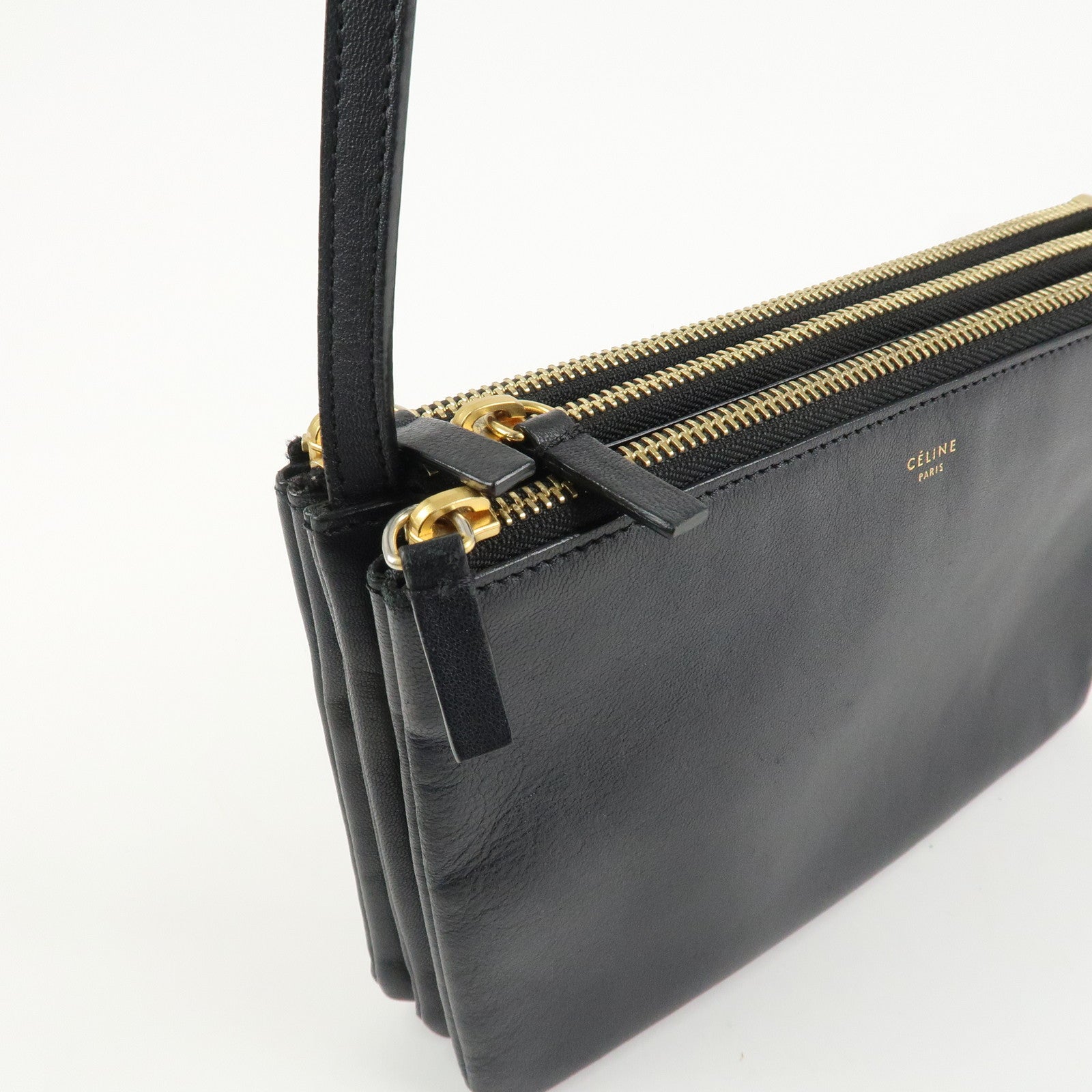 CELINE Trio Leather Shoulder Bag Black Gold Hardware Used