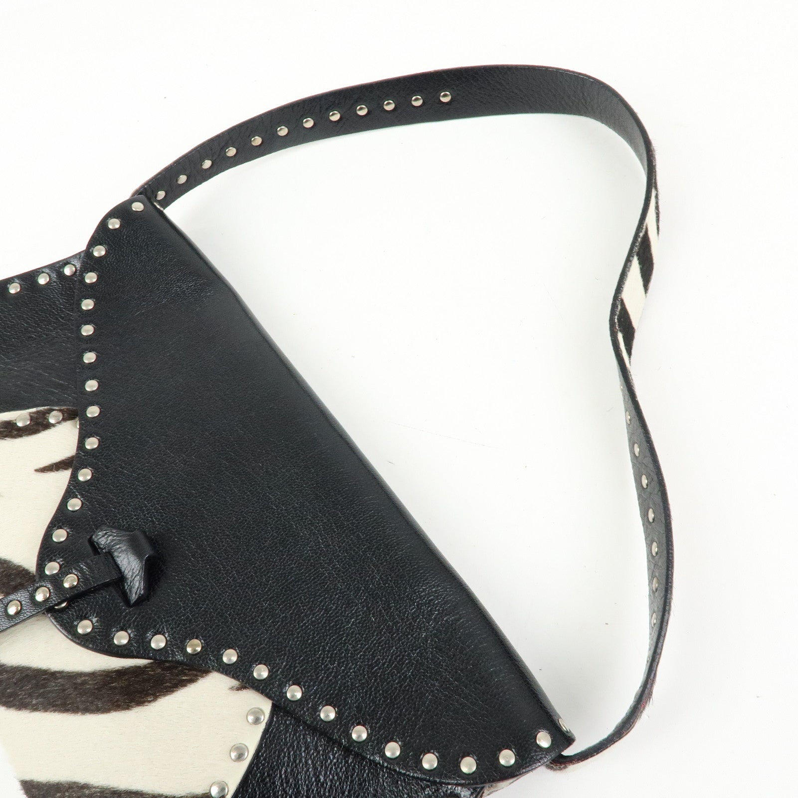CELINE Haircalf Leather Studs Hand Bag Zebra Print Black White