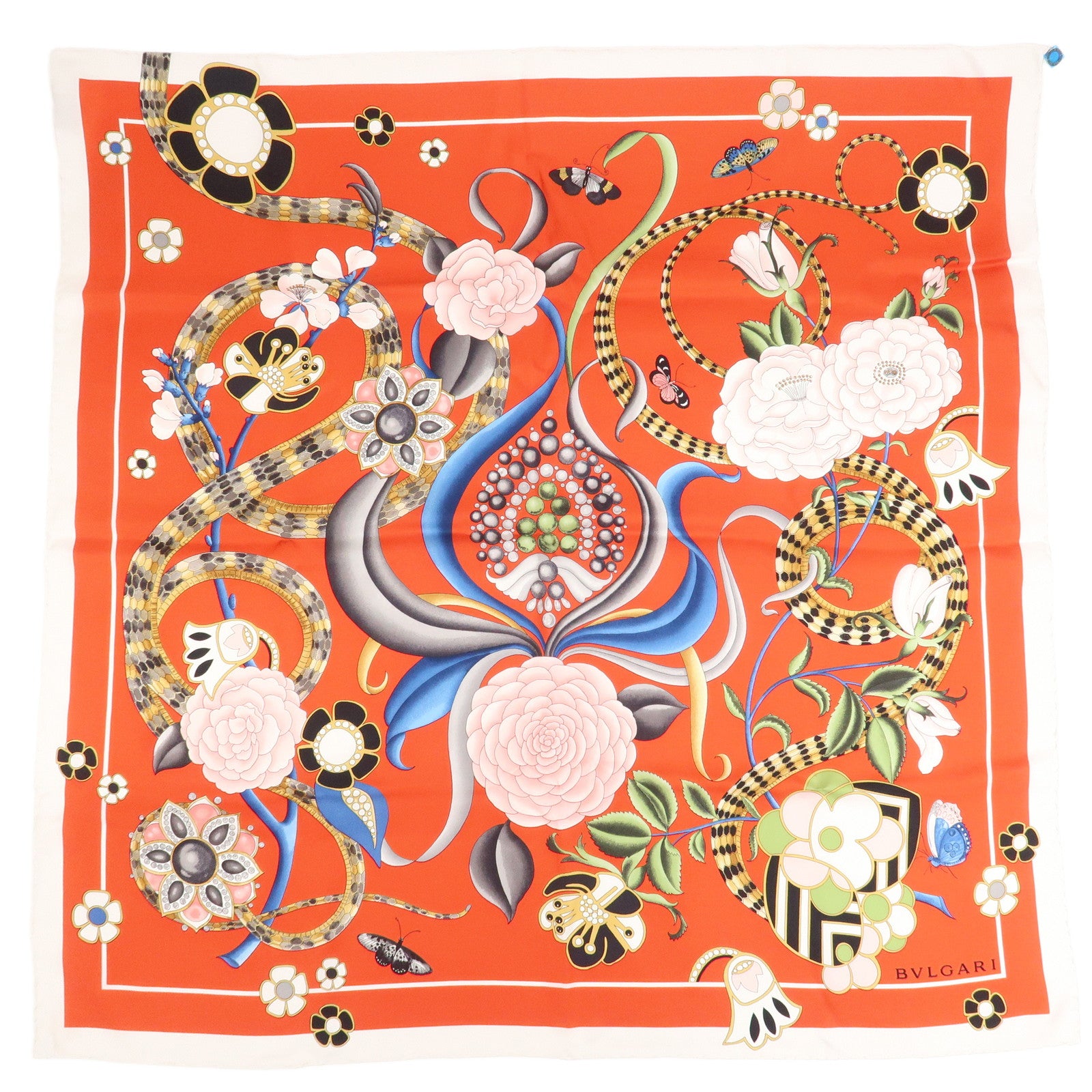 BVLGARI Silk 100% Scarf Flower Print Red Multicolor