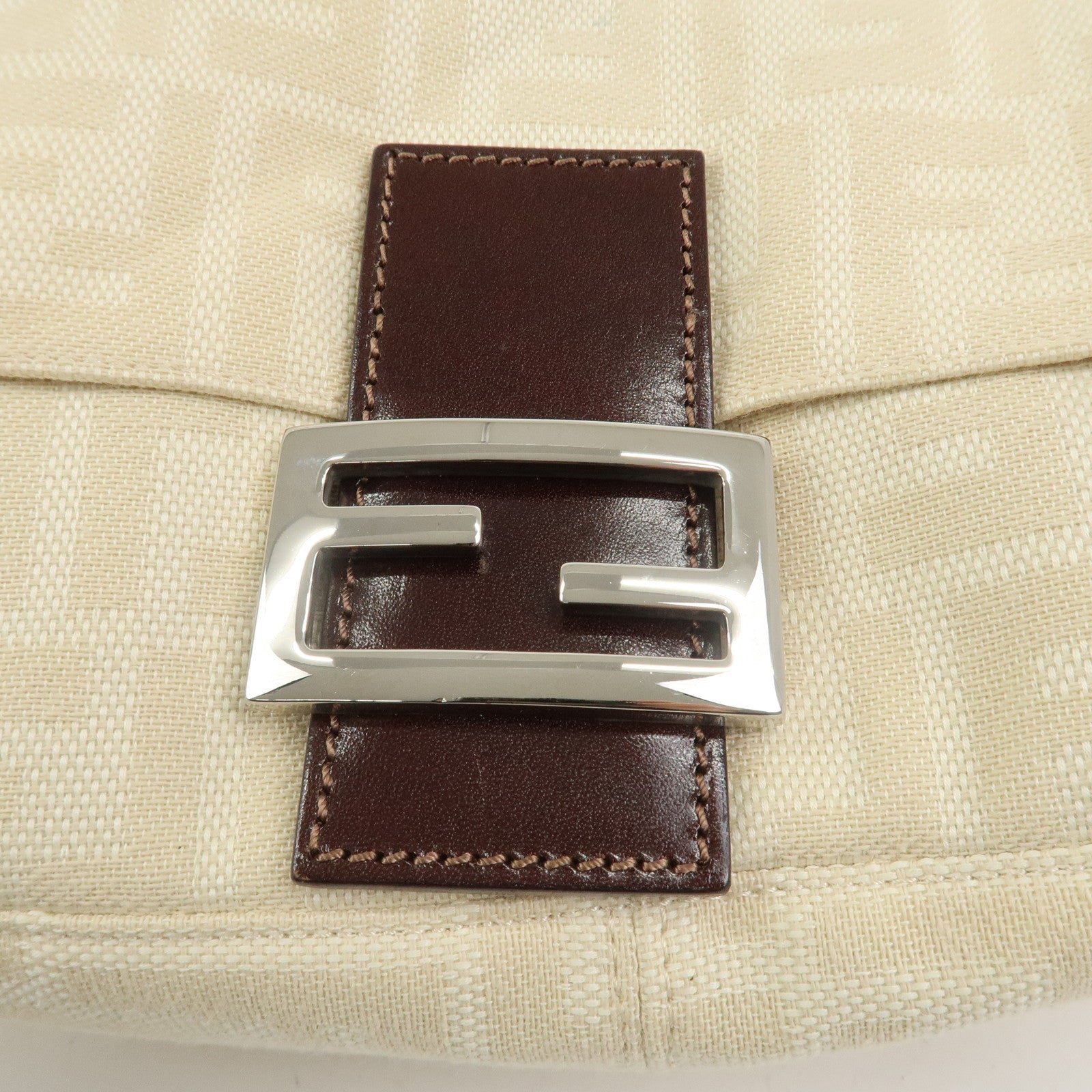 FENDI Mamma Baguette Canvas Leather Shoulder Bag Ivory 26325