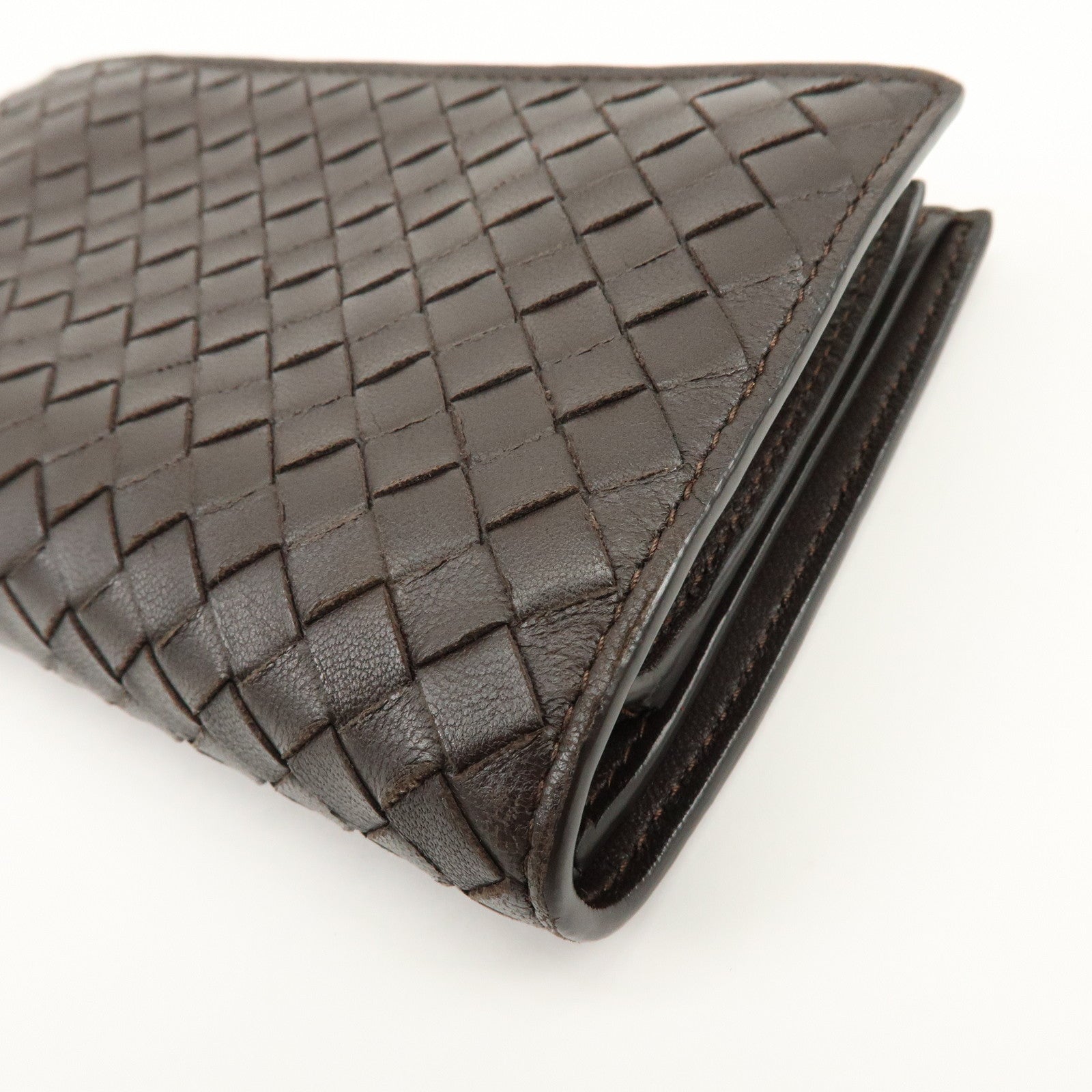 BOTTEGA VENETA Intrecciato Leather Bi-fold Long Wallet Dark Brown
