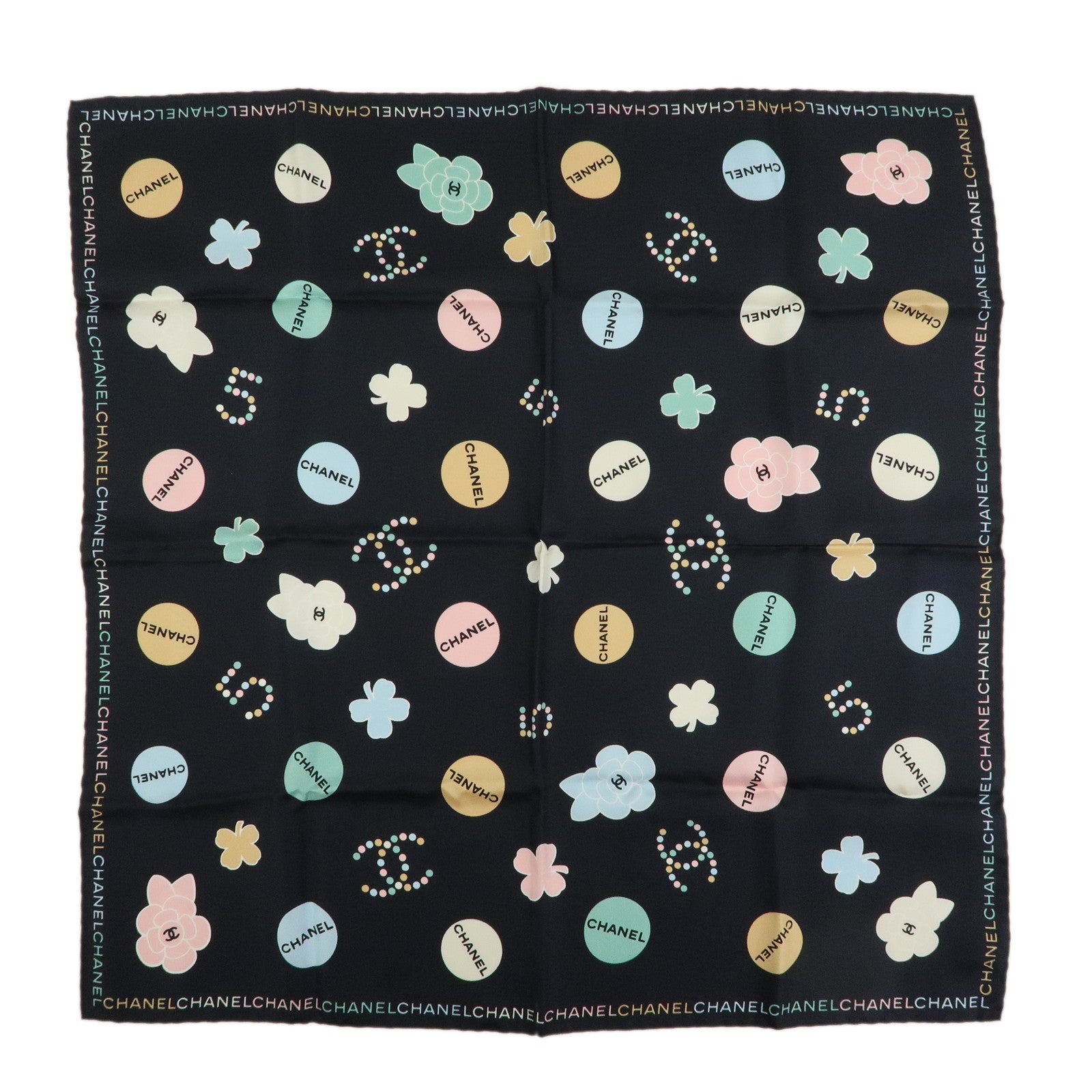 CHANEL No.5 Silk 100% Scarf Black Multicolor