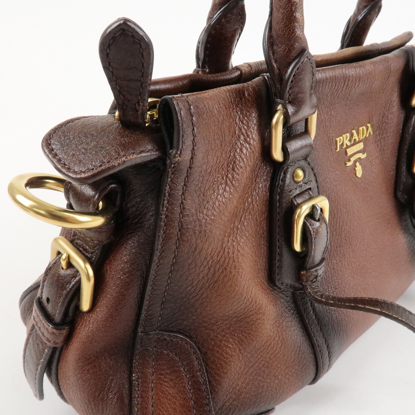 PRADA Logo Leather 2WAY Tote Bag Hand Bag Brown Gold Hardware Used