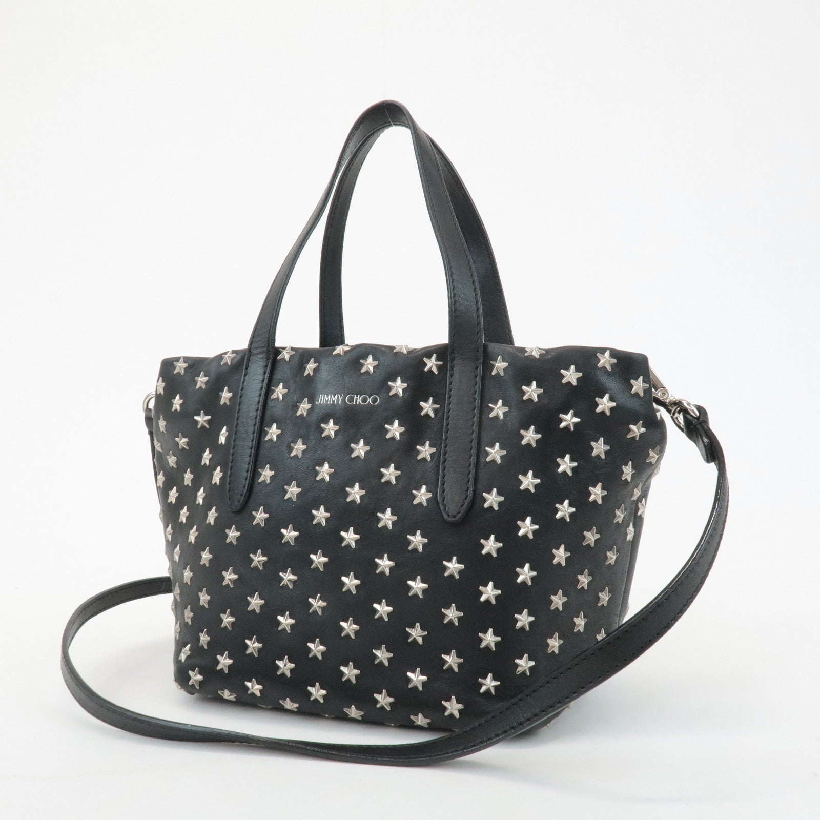 JIMMY CHOO Leather Star Studs Tote Bag Hand Bag Black Silver HDW Used