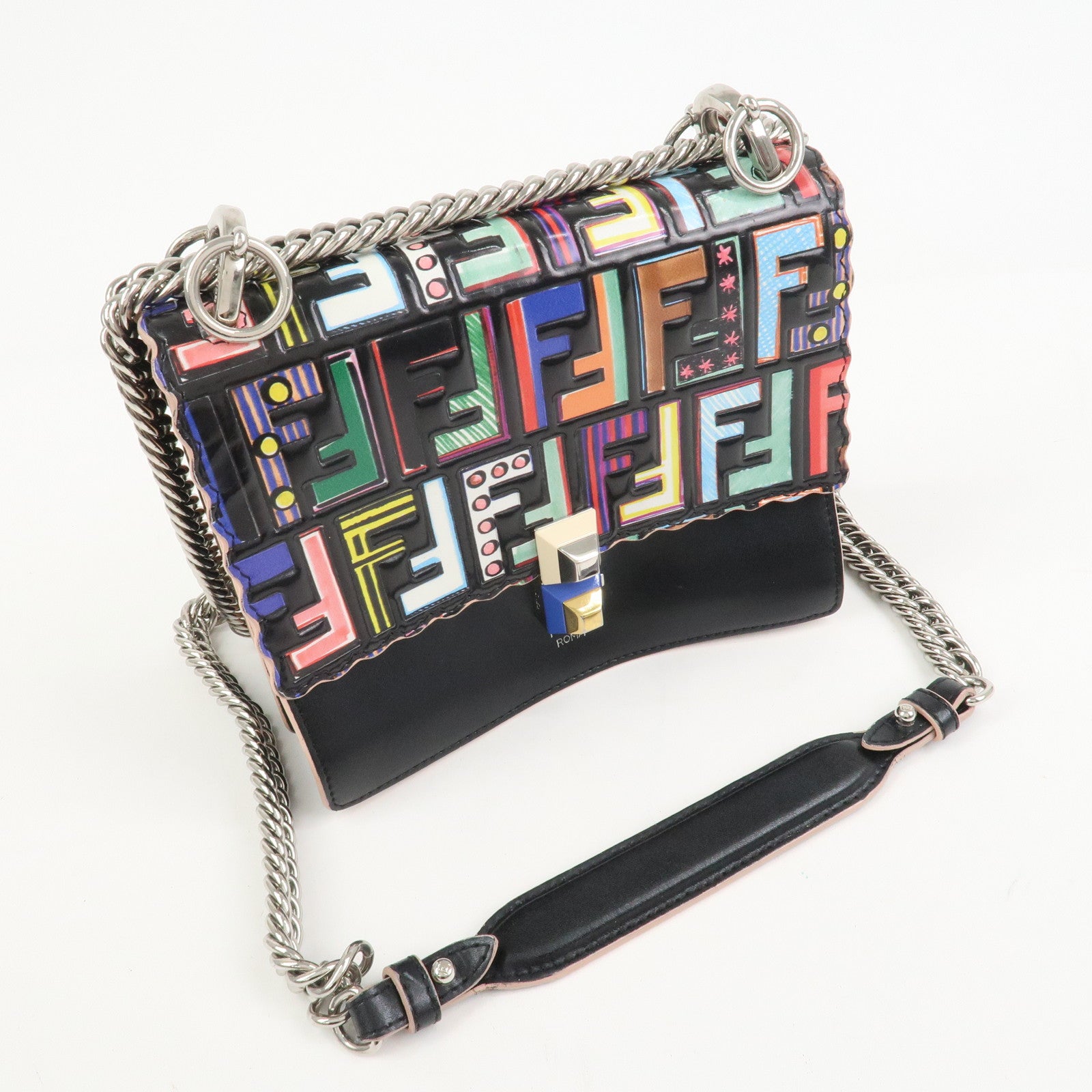 FENDI Zucca Leather Mini Kan I Chain Shoulder Bag Multicolor 8M0381
