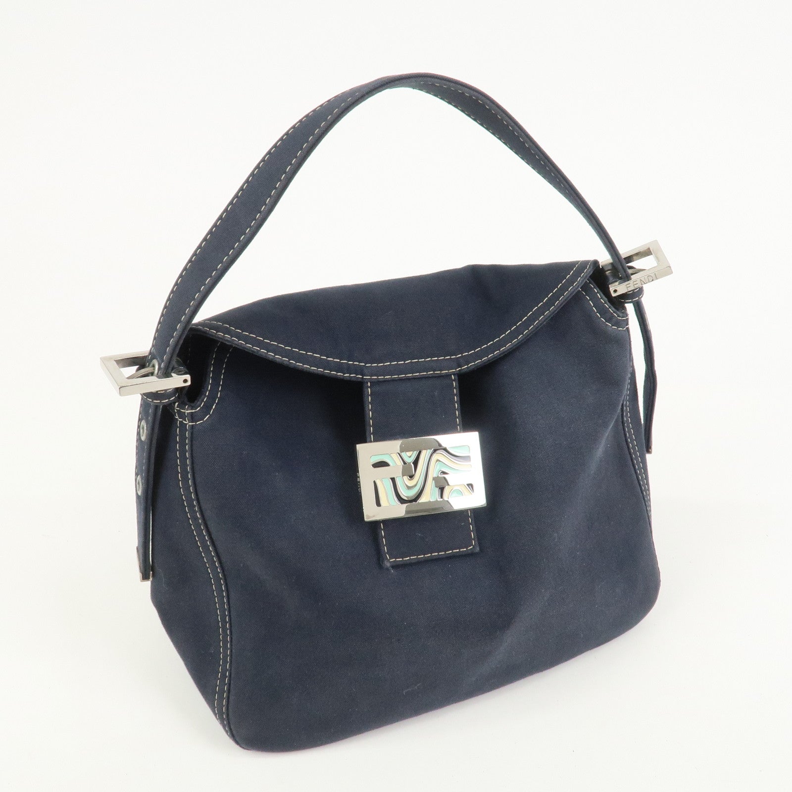 FENDI Logo Canvas Shoulder Bag Hand Bag Navy 26426