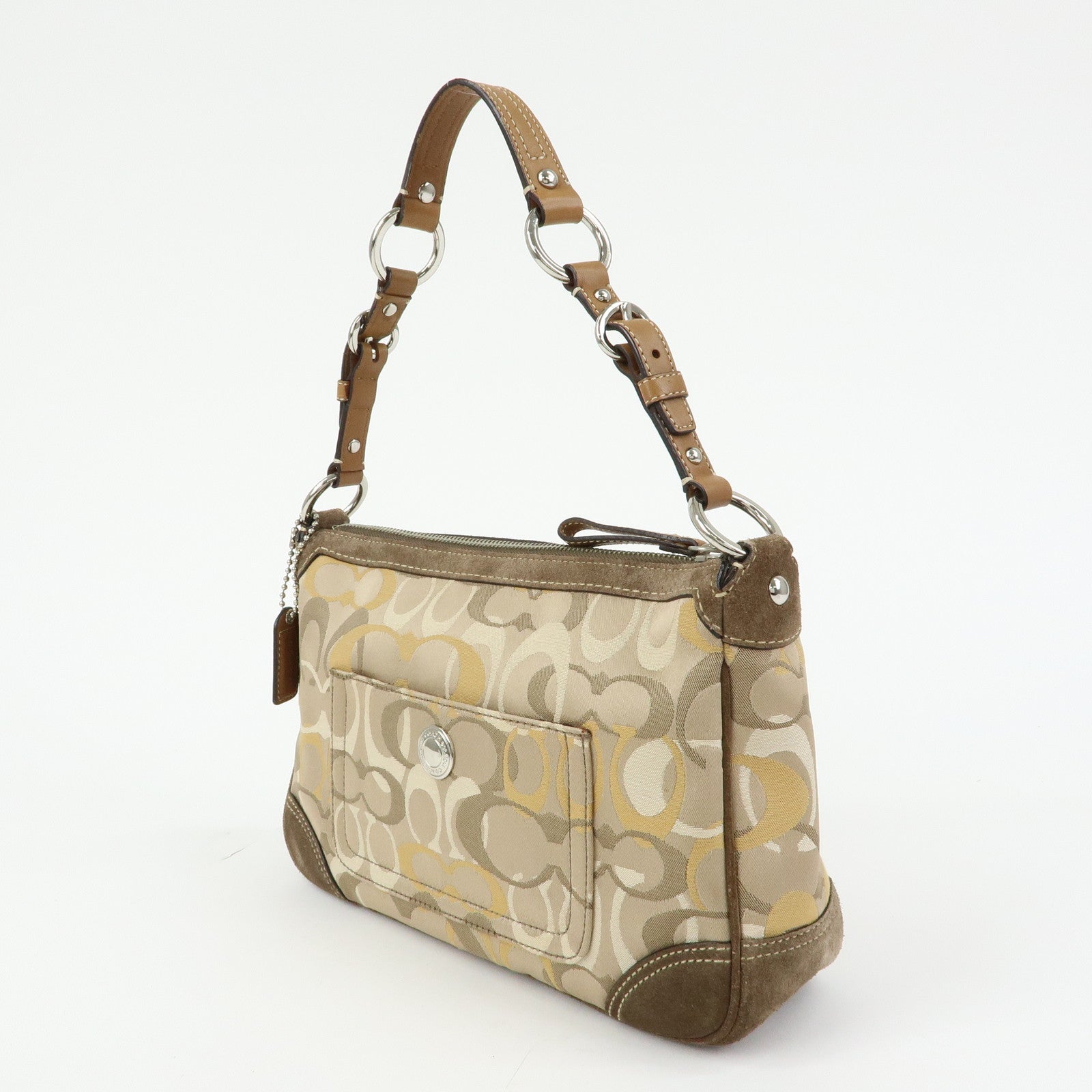 COACH Signature Canvas Suede Leather Shoulder Bag Beige Brown