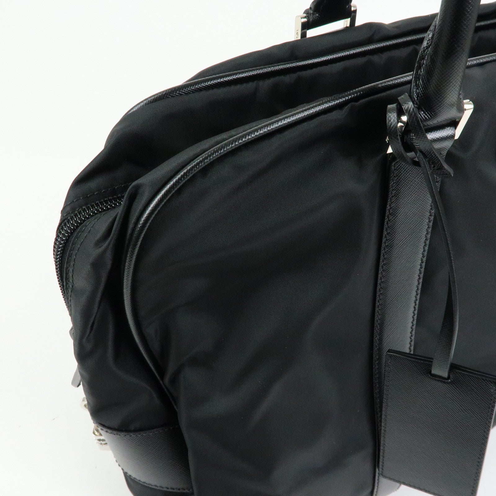 PRADA Triangle Logo Nylon Saffiano Leather Boston Bag Black VS0069