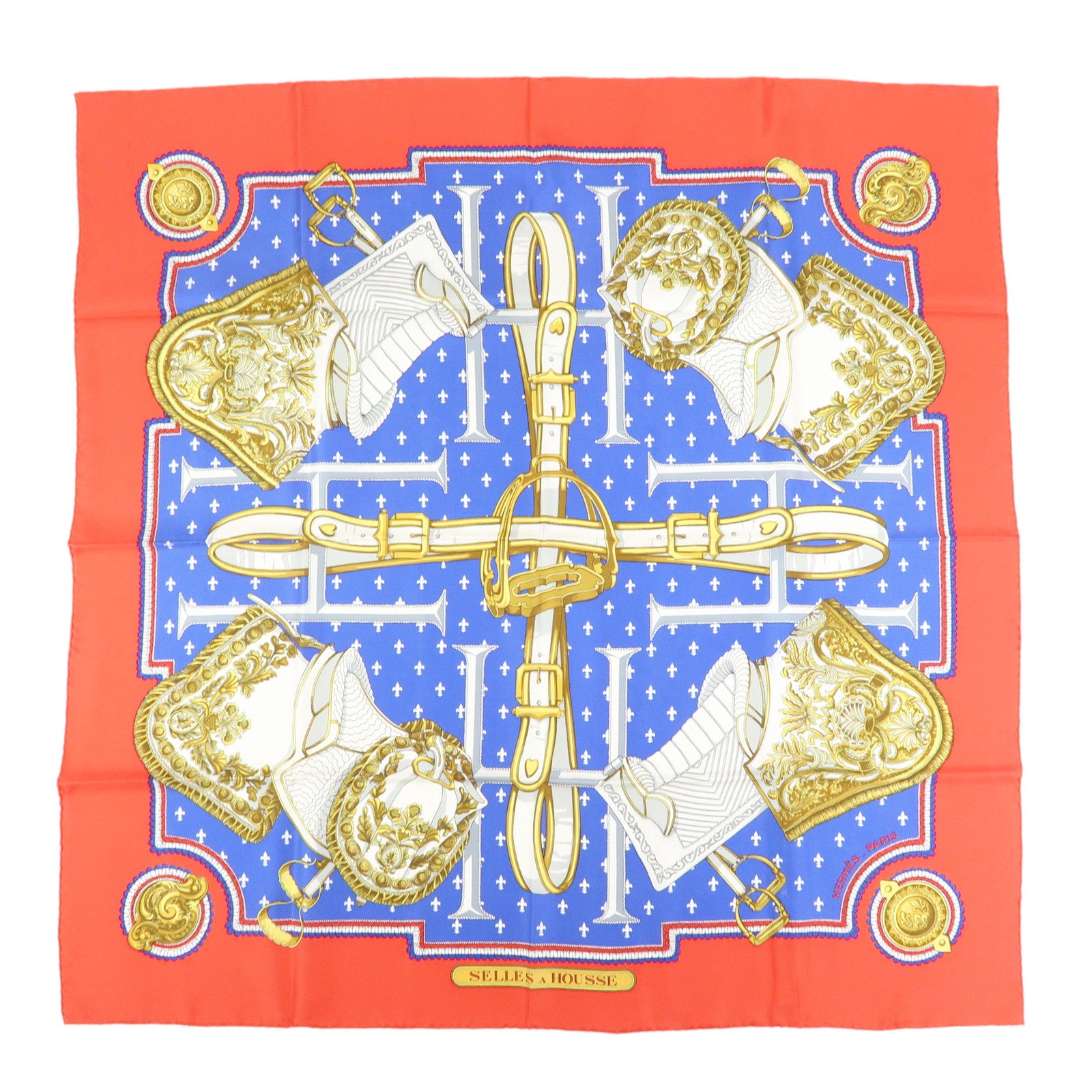 HERMES Carre 90 Silk 100% Scarf SELLES A HOUSSE Blue White Gold Red