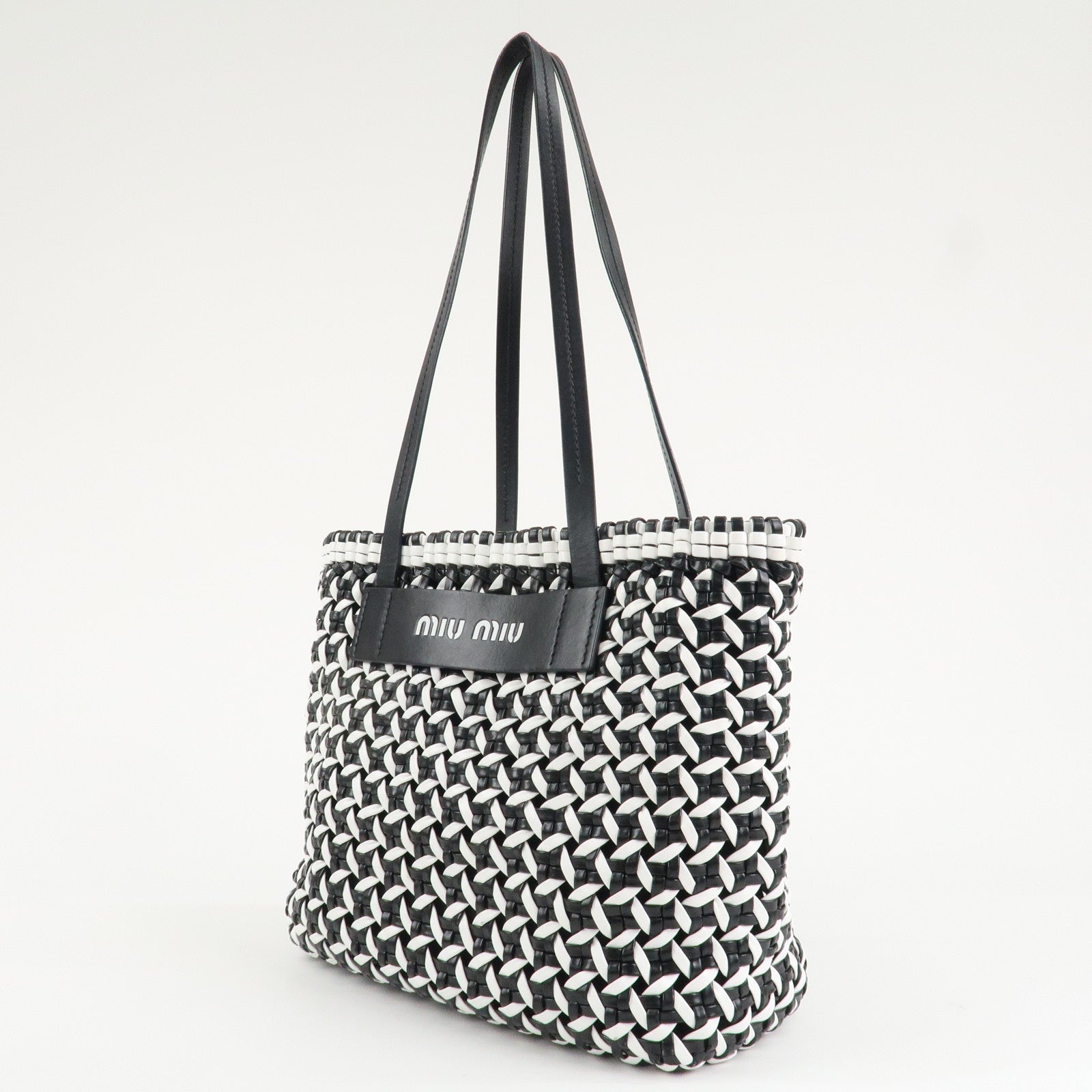 MIU MIU Leather Braid Tote Bag Shoulder Bag Black White 5BG193 Used