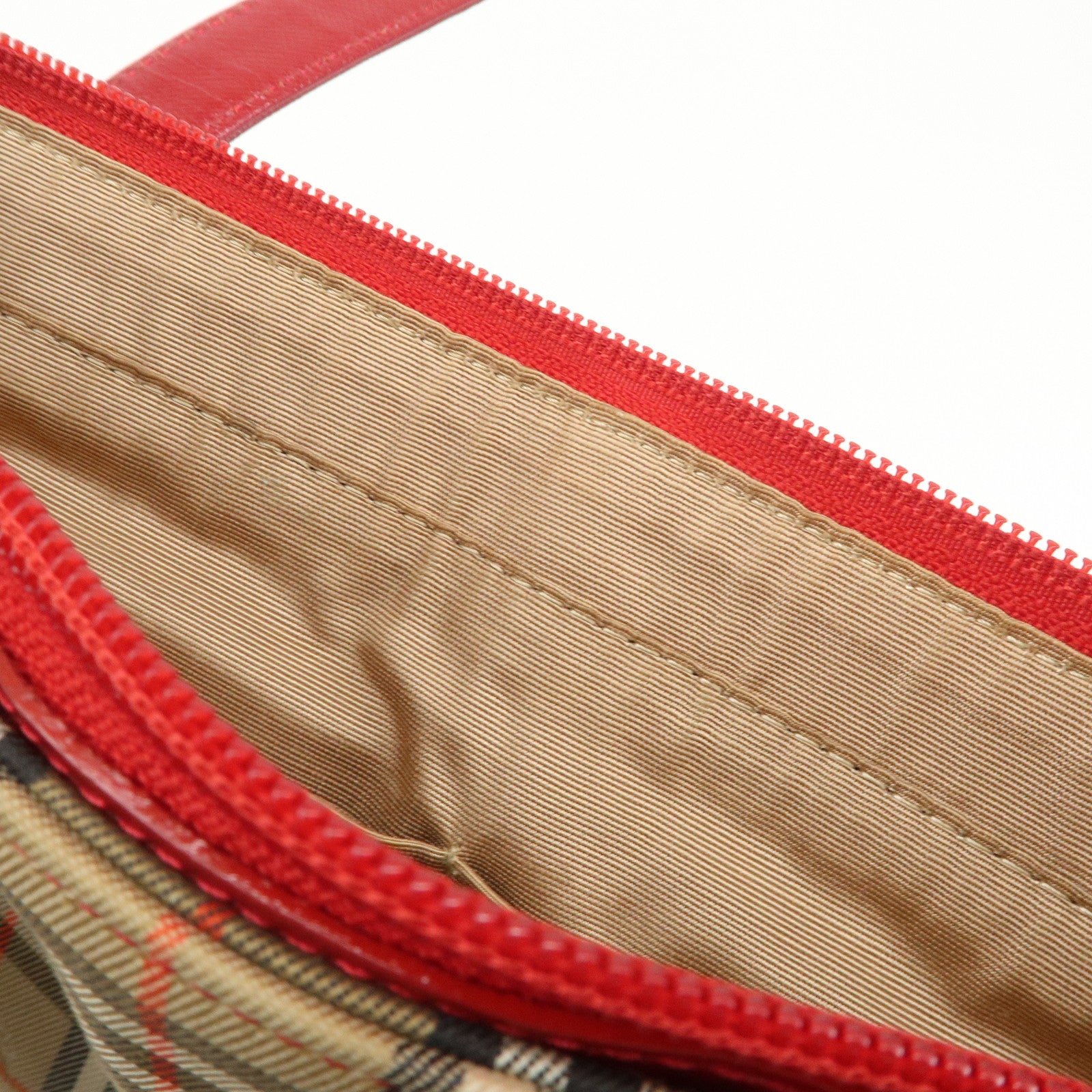 BURBERRY Leather Canvas Tote Bag Hand Bag Nova Plaid Red Beige Used