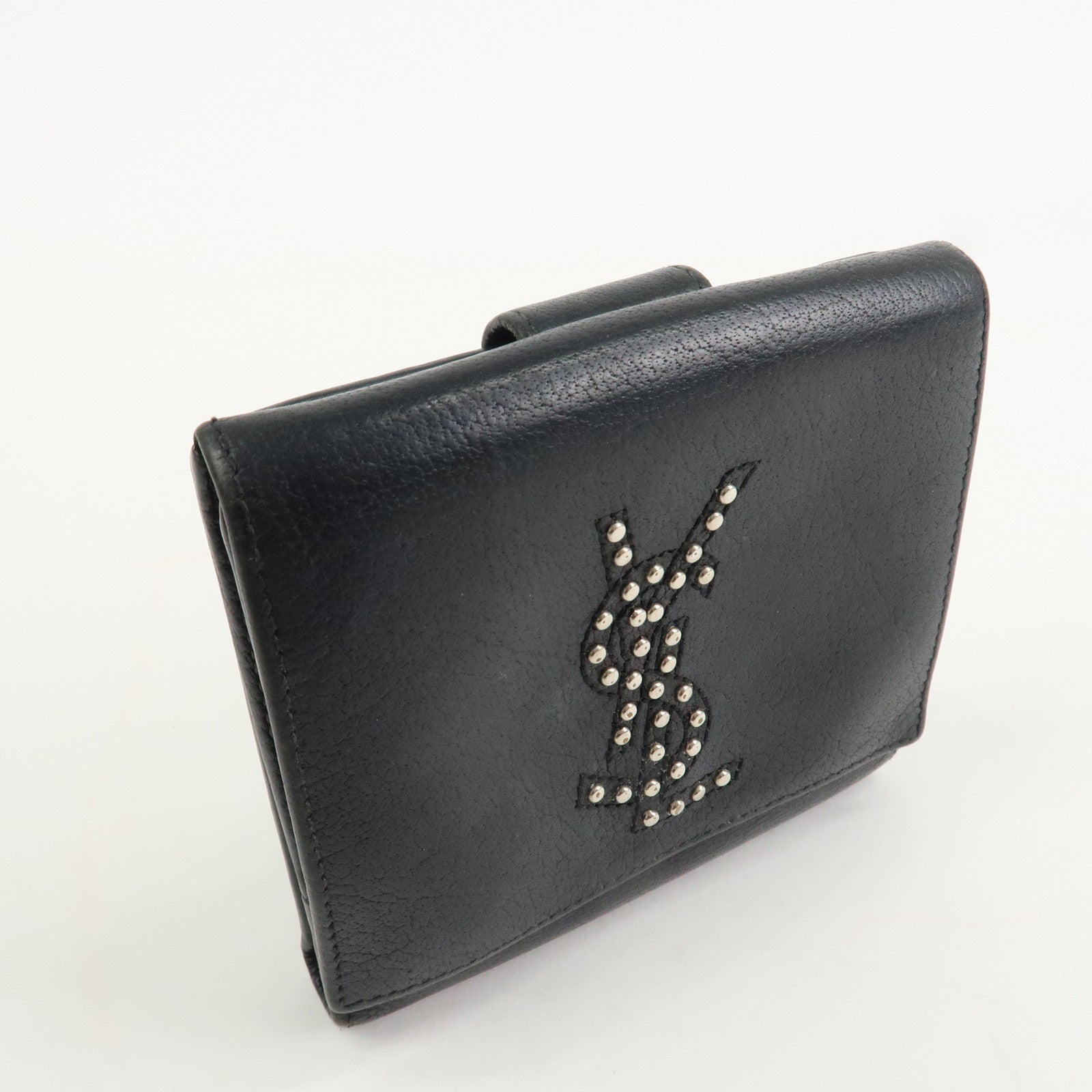 SAINT LAURENT Studs Leather Bi-fold Compact Wallet Black Used