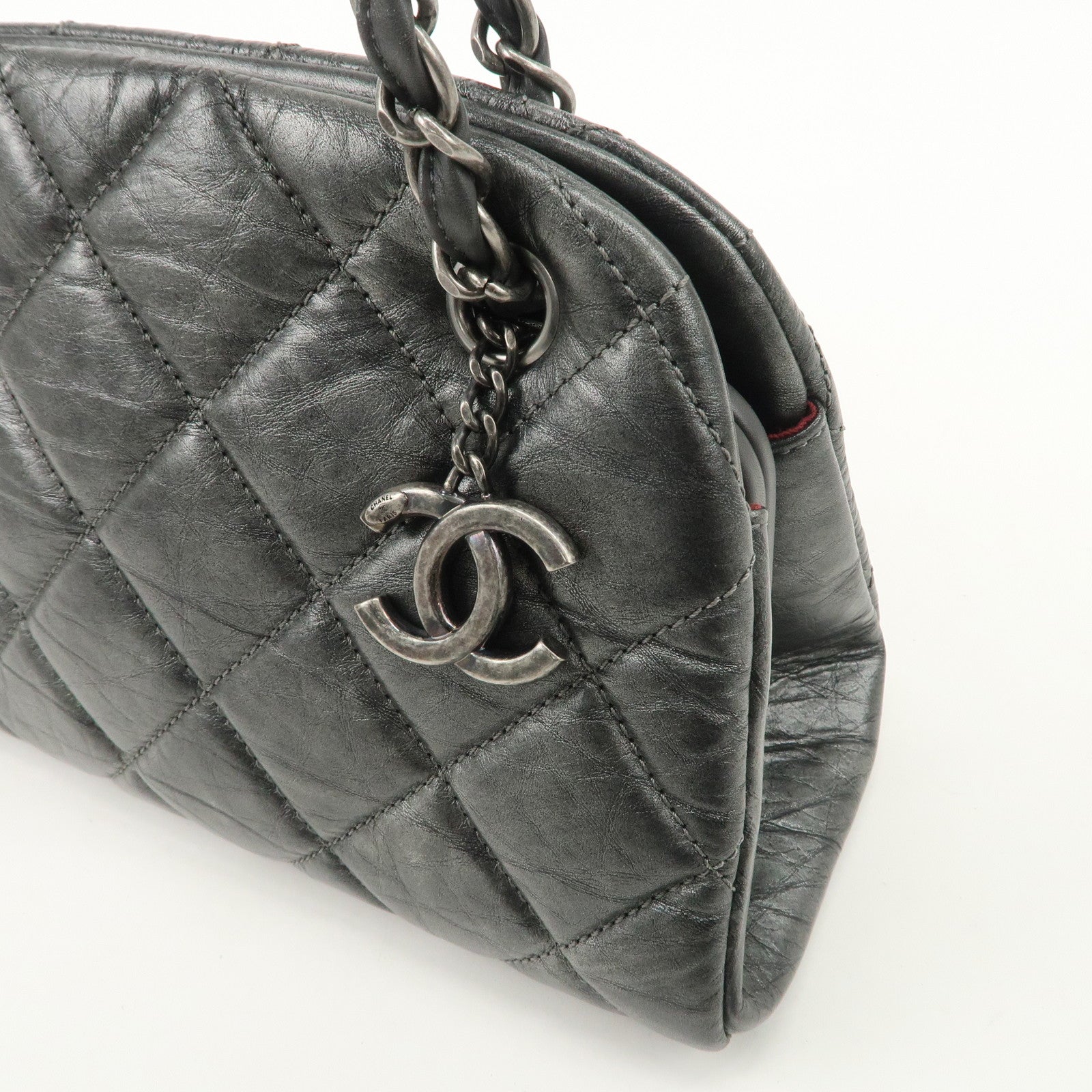 CHANEL Matelasse Leather Mademoiselle Chain Shoulder Bag Gray Silver Used