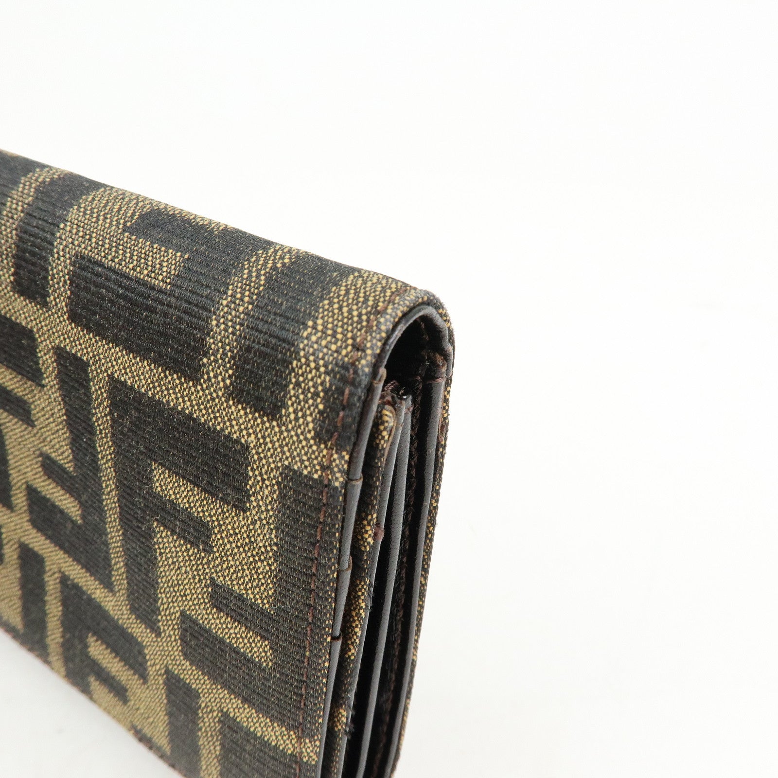 FENDI Zucca Canvas Leather Bi-Fold Long Wallet Black Brown 8M0000