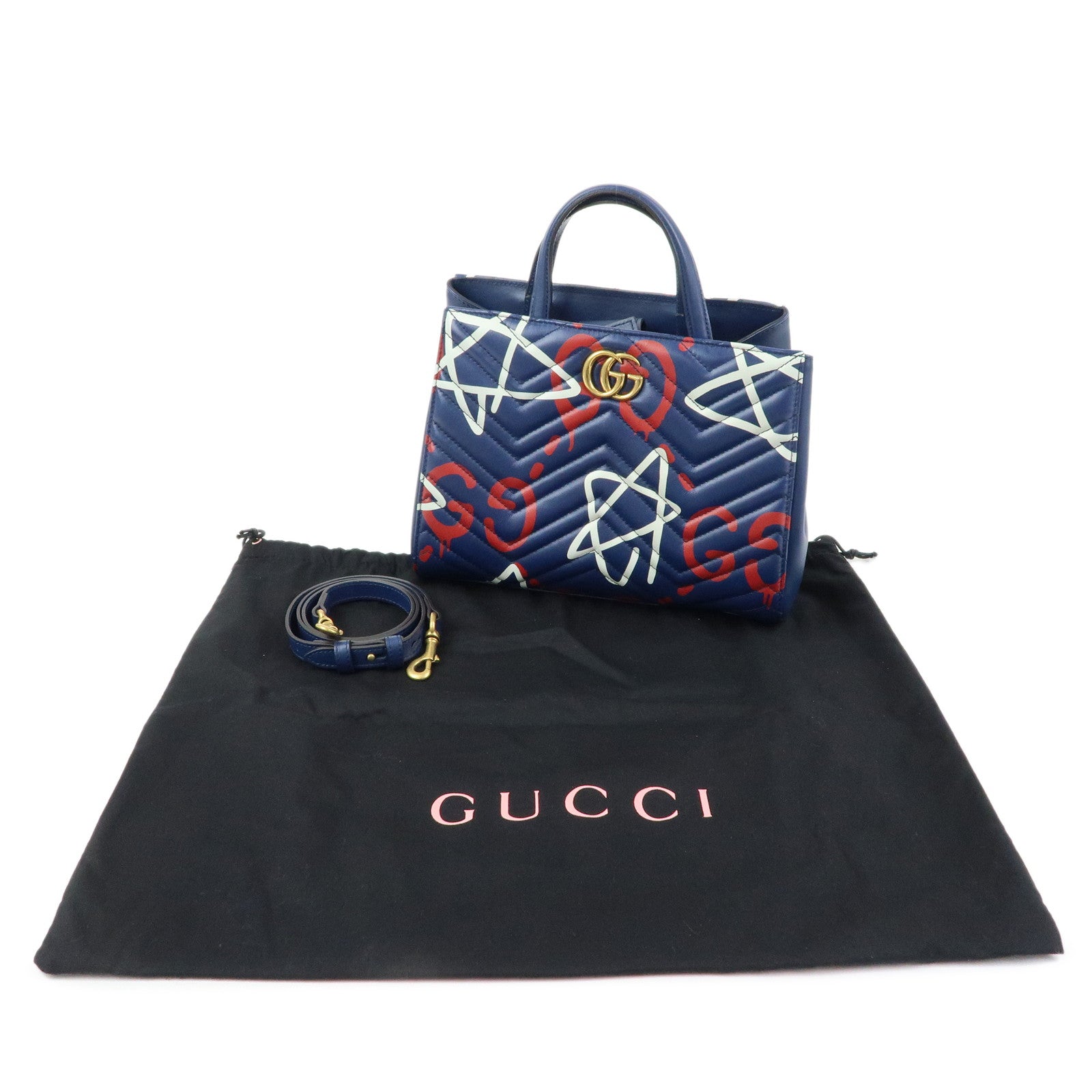 GUCCI GG Marmont Ghost Leather 2Way Hand Bag Navy Red White 448054