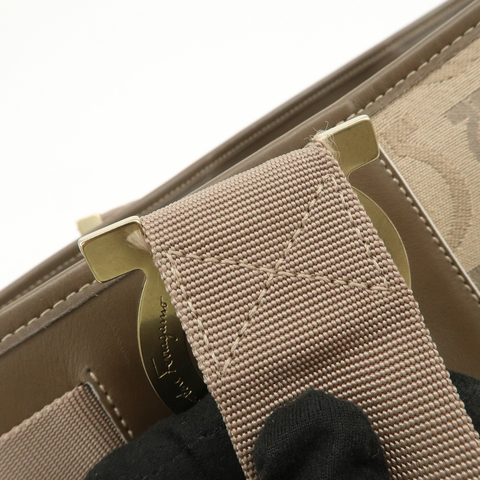 Ferragamo Gancini Canvas Leather Tote Bag Shoulder Bag Beige Brown