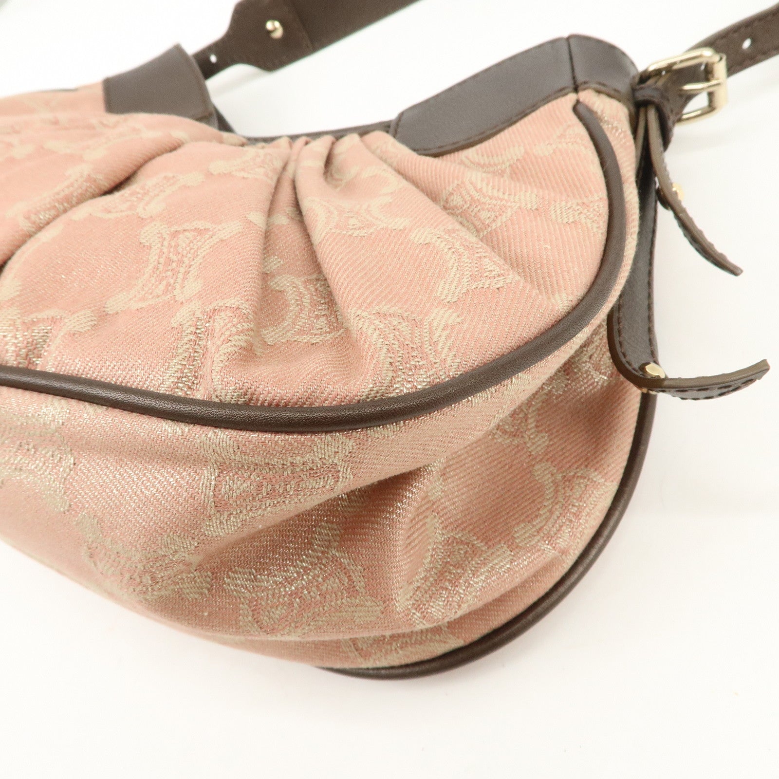 CELINE Macadam Canvas Leather Nylon Velour Shoulder Bag Pink Brown