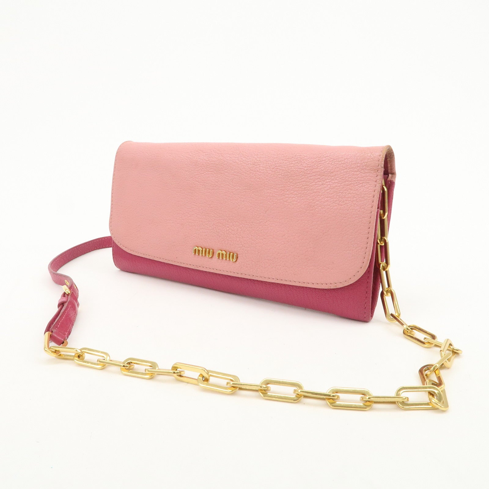 MIU MIU Logo Leather WOC Chain Shoulder Long Wallet Pink 5M1290