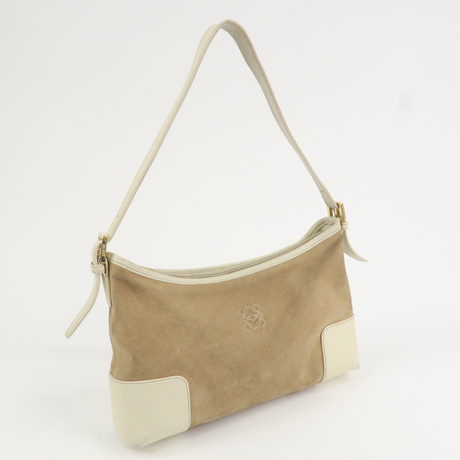 LOEWE Anagram Leather Suede Shoulder Bag Hand Bag Beige Ivory
