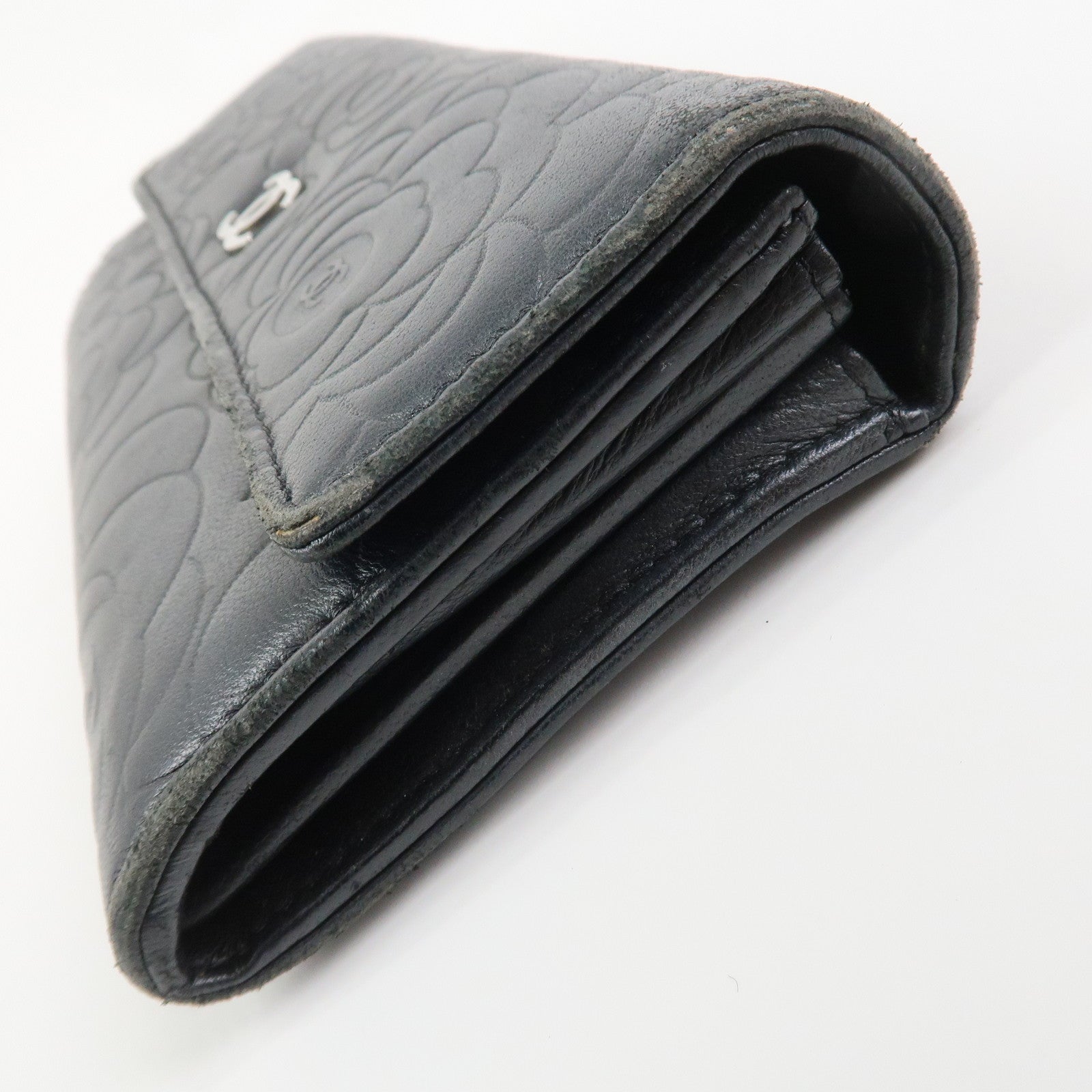 CHANEL Camellia Lambskin Long Wallet Black Silver
