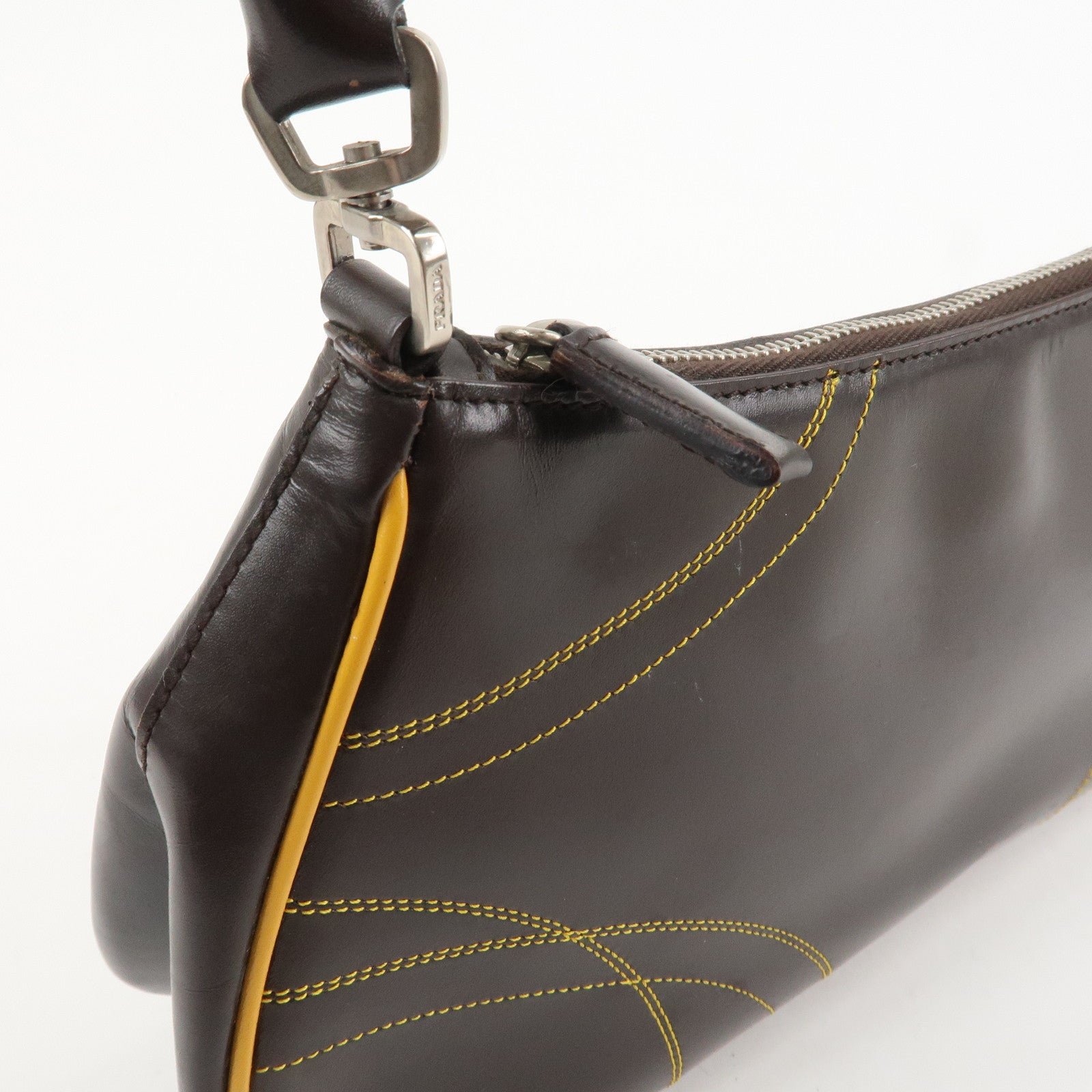 PRADA Logo Leather Shoulder Bag Hand Bag Brown Yellow B11055 Used