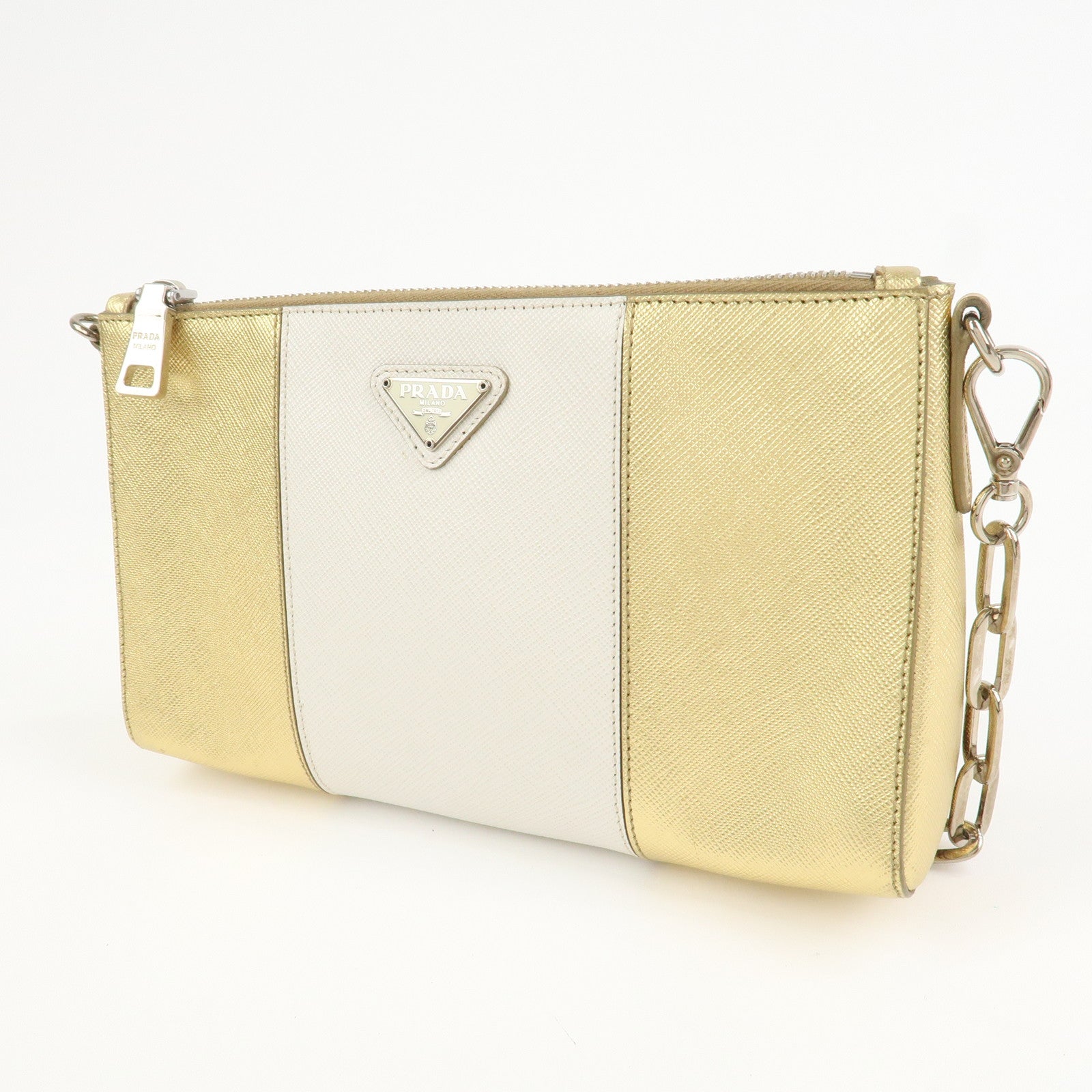 PRADA Logo Leather Crossbody Chain Shoulder Bag Gold BT947C