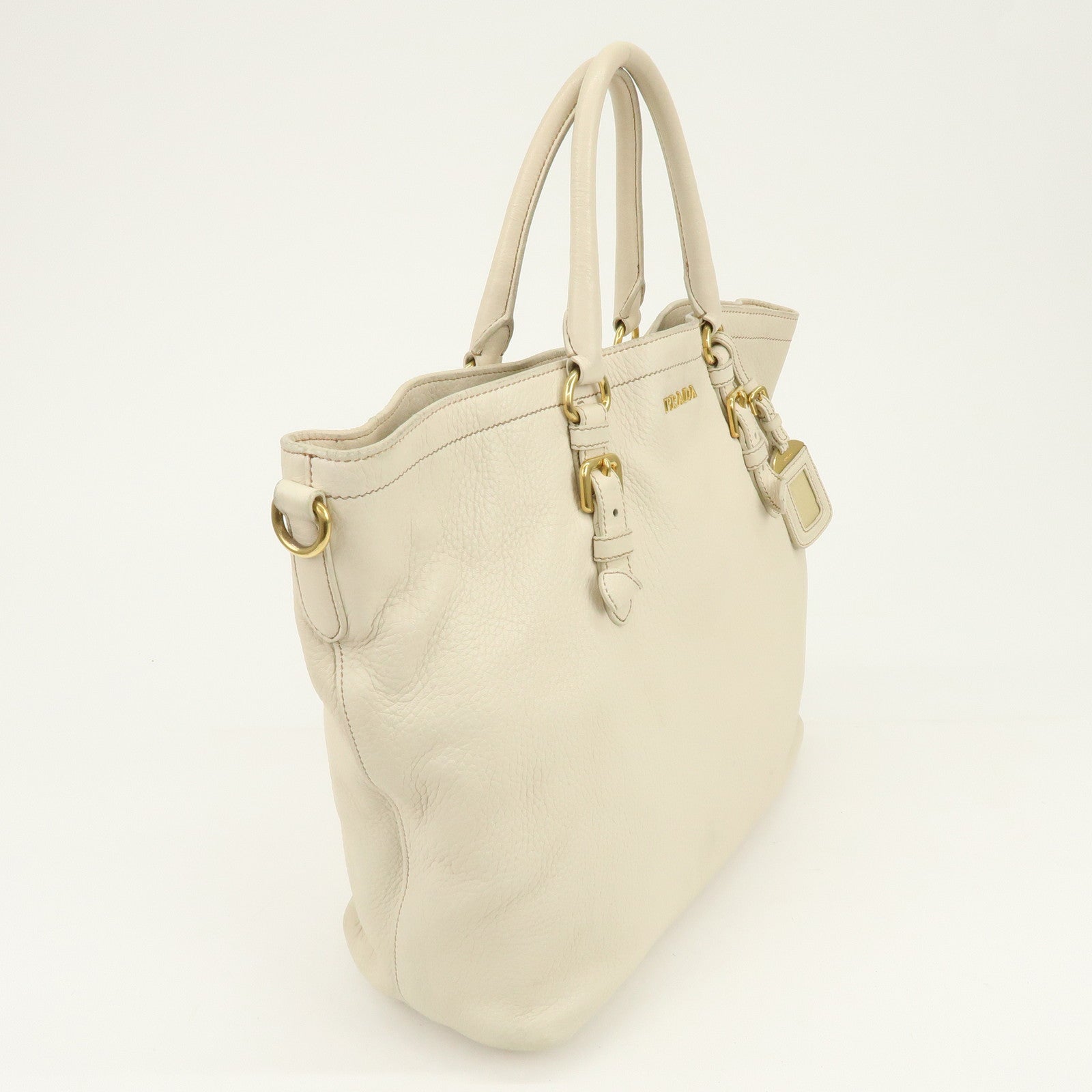 PRADA Logo Leather 2Way Bag Hand Bag Shoulder Bag Ivory