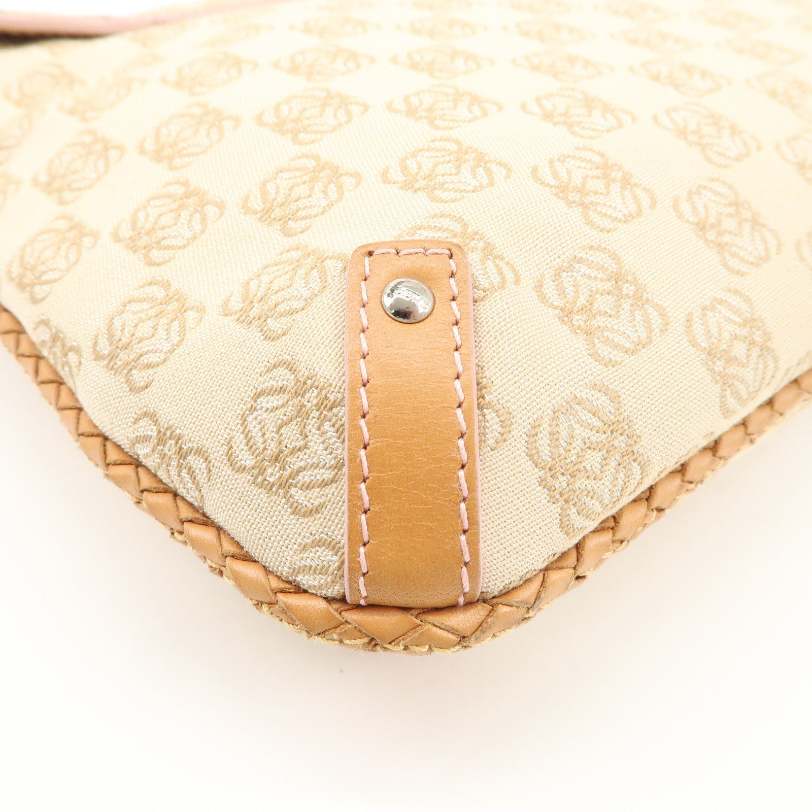 LOEWE Repeat Anagram Leather Canvas Chain Shoulder Bag Beige Brown Used
