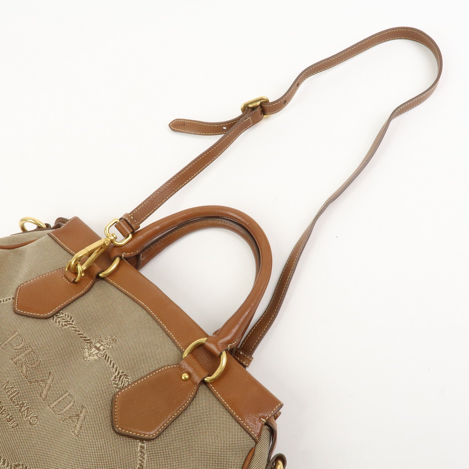PRADA Logo Jacquard Leather 2Way Bag Hand Bag Brown BN1839