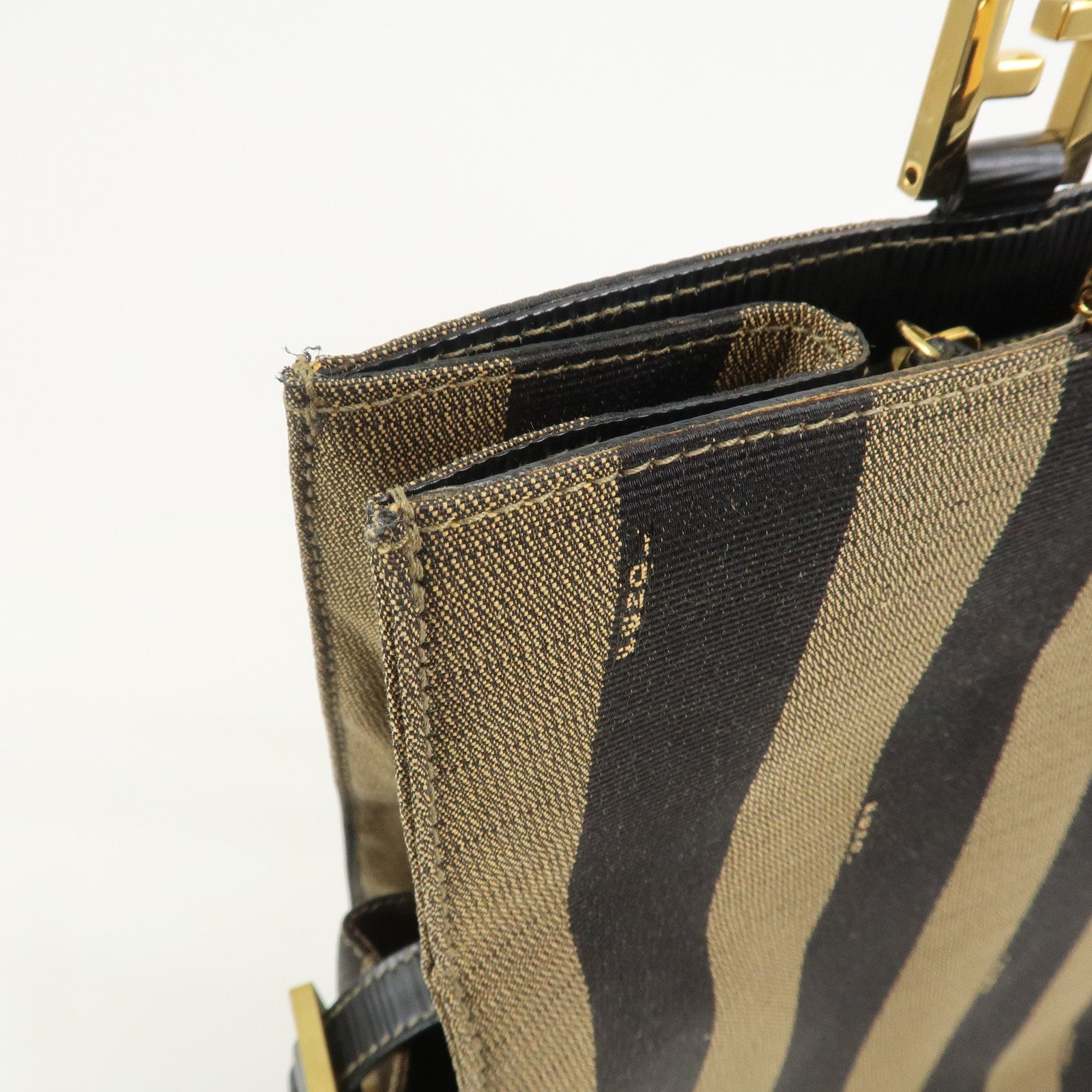 FENDI Pequin Canvas Leather Tote Bag Shoulder Bag Black Brown 26397