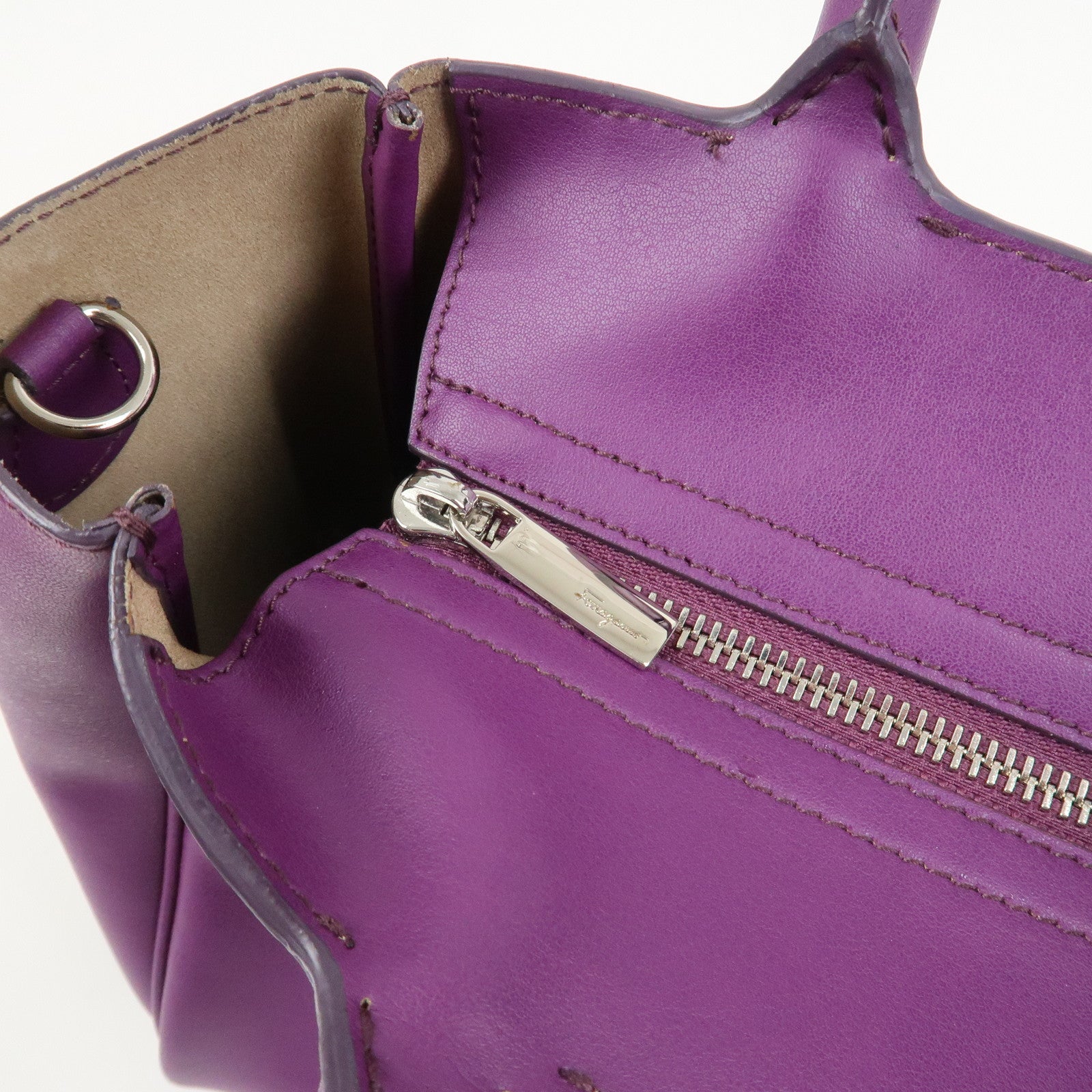 Ferragamo Leather 2Way Bag Hand Bag Shoulder Bag Tote Bag Purple
