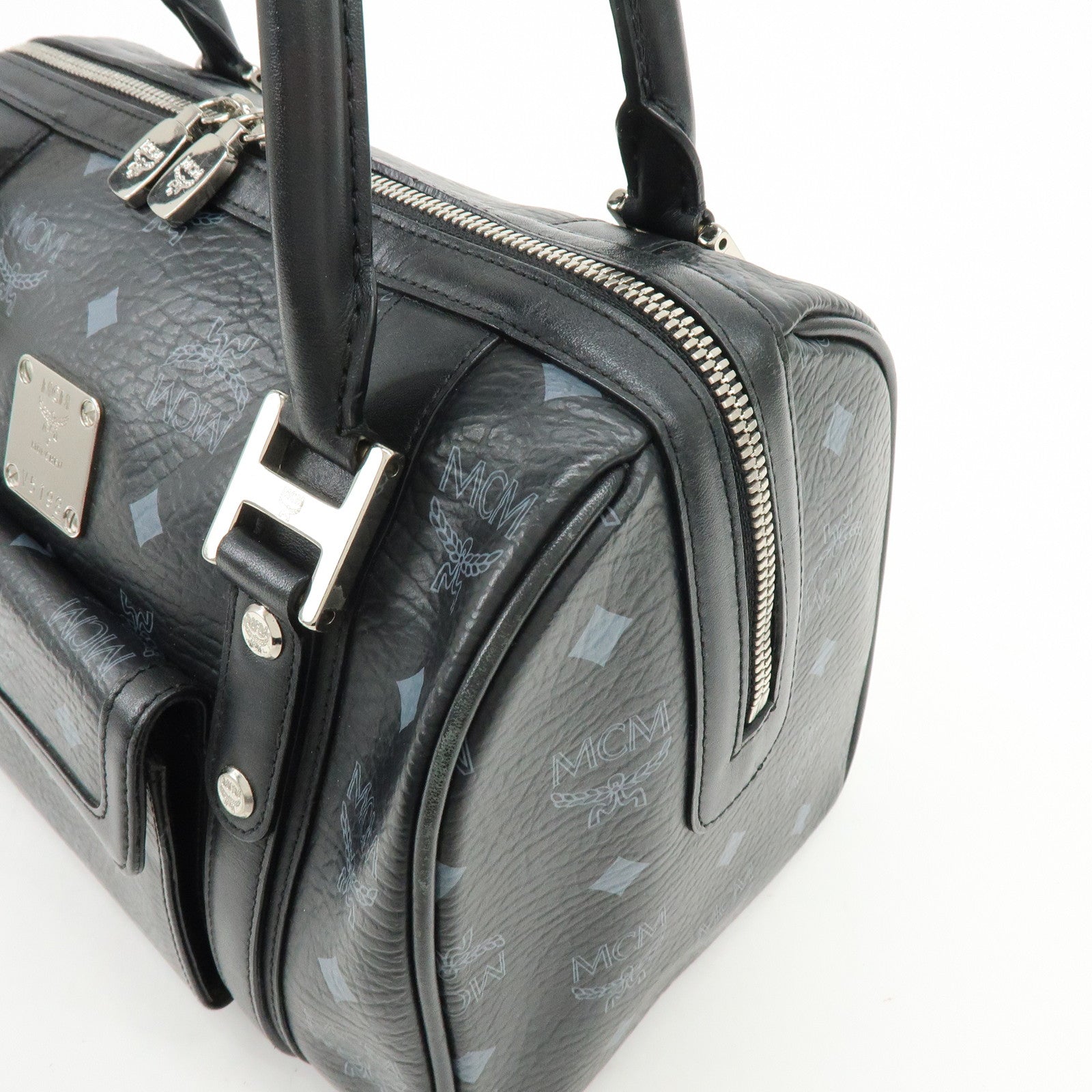 MCM Visetos PVC Leather Boston Bag Hand Bag Black